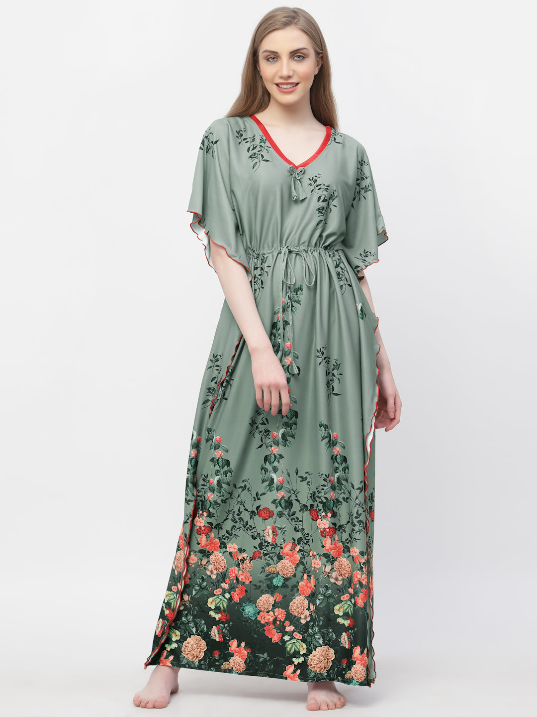 Arrabi Women Olive Floral Kaftan Dress