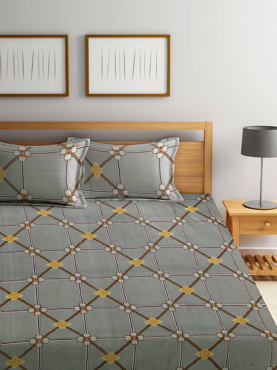 Arrabi Grey Indian TC Cotton Blend Double King Size Bedsheet with 2 Pillow Covers (270 x 260 cm)
