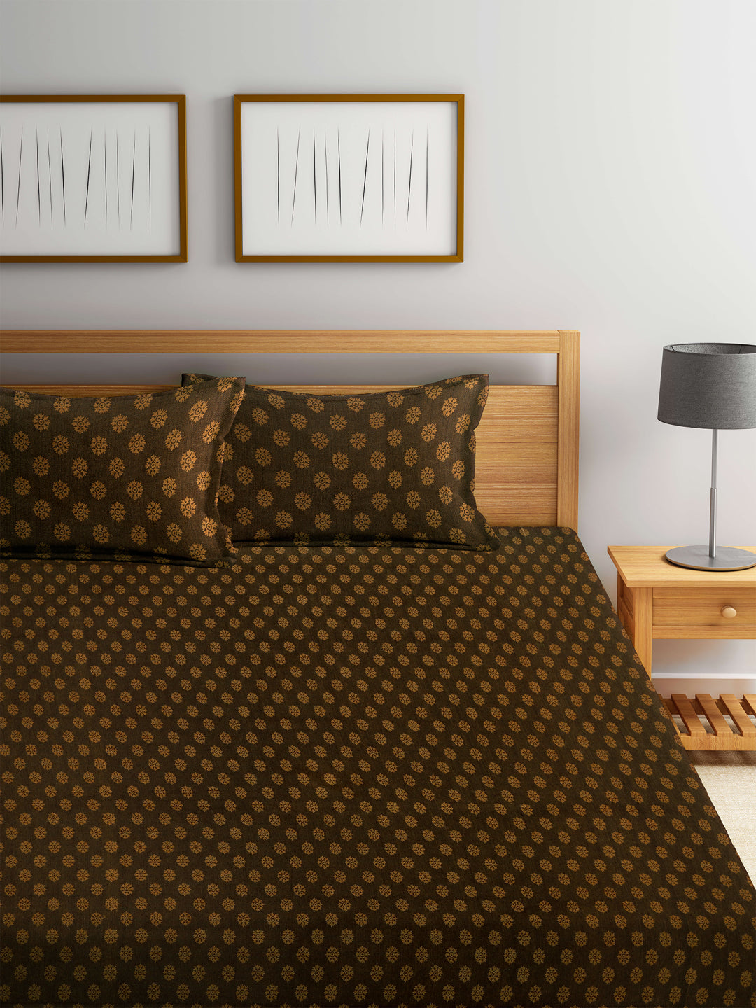 Arrabi Brown Indian Handwoven Cotton Double Size Bedsheet with 2 Pillow Cover (260 x 230 cm)