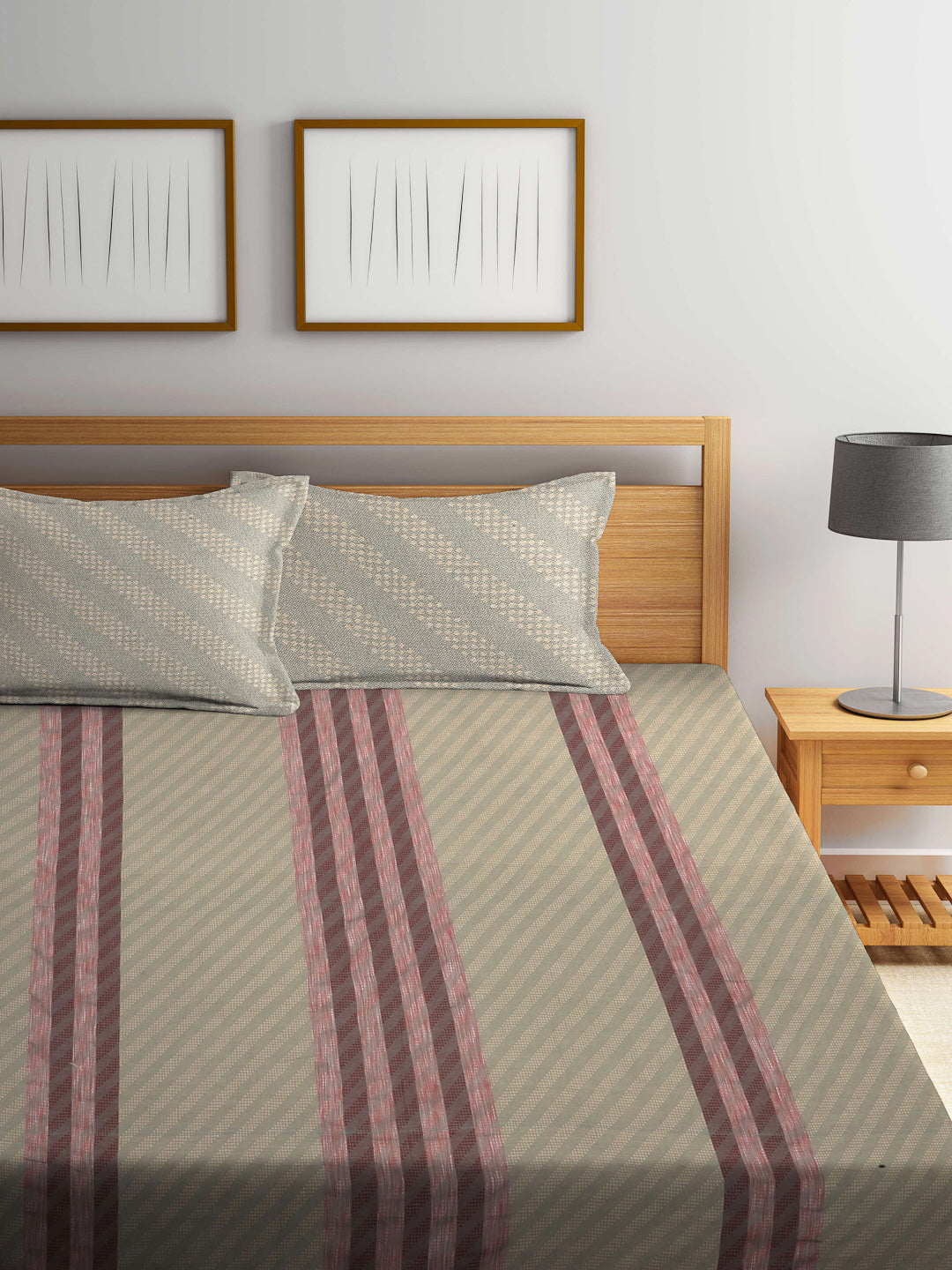 Arrabi Grey Stripes Handwoven Cotton Super King Size Bedsheet with 2 Pillow Covers (270 X 270 cm)