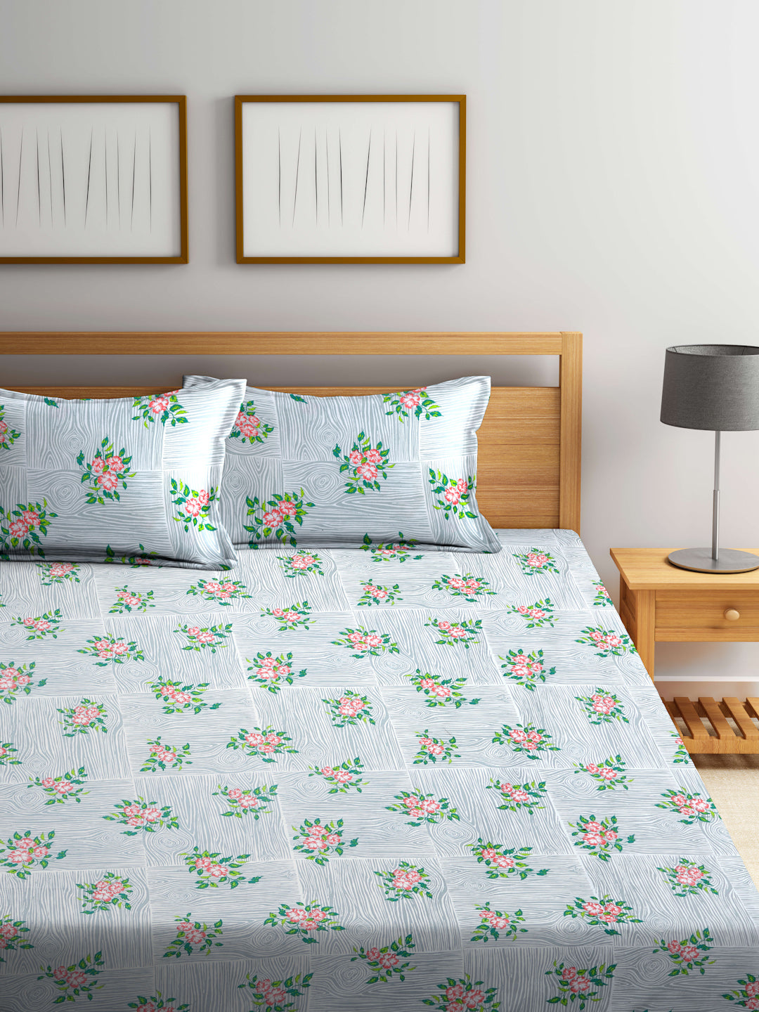 Arrabi Grey Floral TC Cotton Blend King Size Fitted Bedsheet with 2 Pillow Covers(250 X 215 Cm )