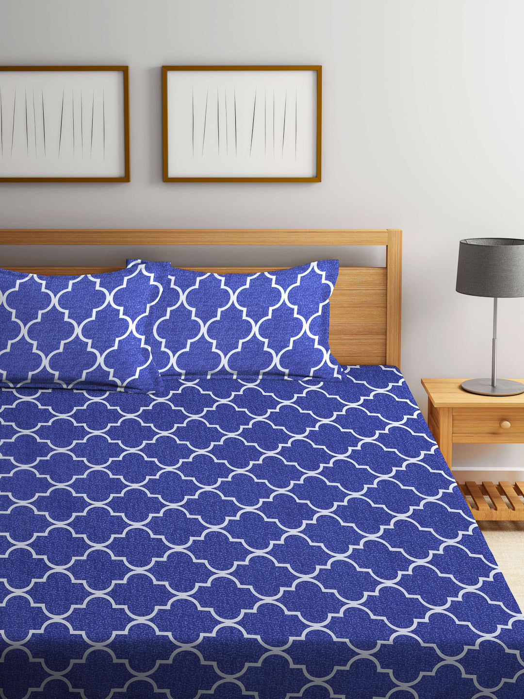 Arrabi Blue Indian TC Cotton Blend Double Size Bedsheet with 2 Pillow Covers