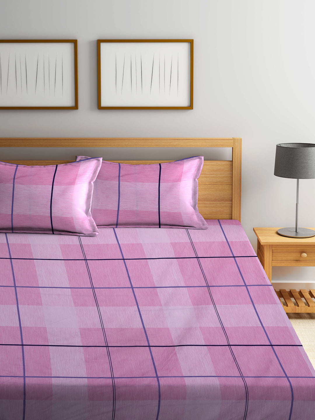 Arrabi Pink Geometric TC Cotton Blend King Size Bedsheet with 2 Pillow Covers (250 X 215 cm)