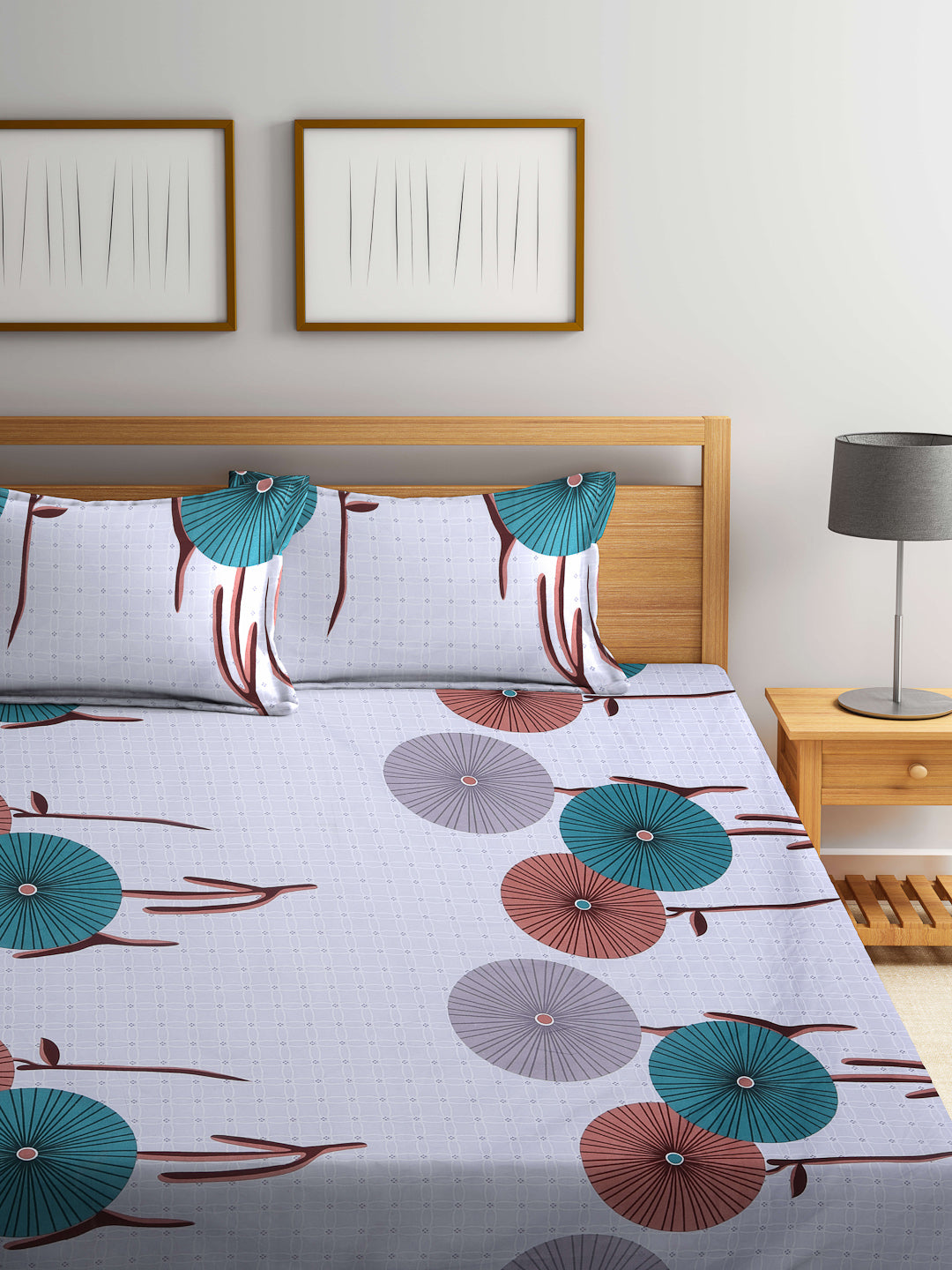Arrabi Grey Floral TC Cotton Blend King Size Bedsheet with 2 Pillow Covers (250 X 220 cm)