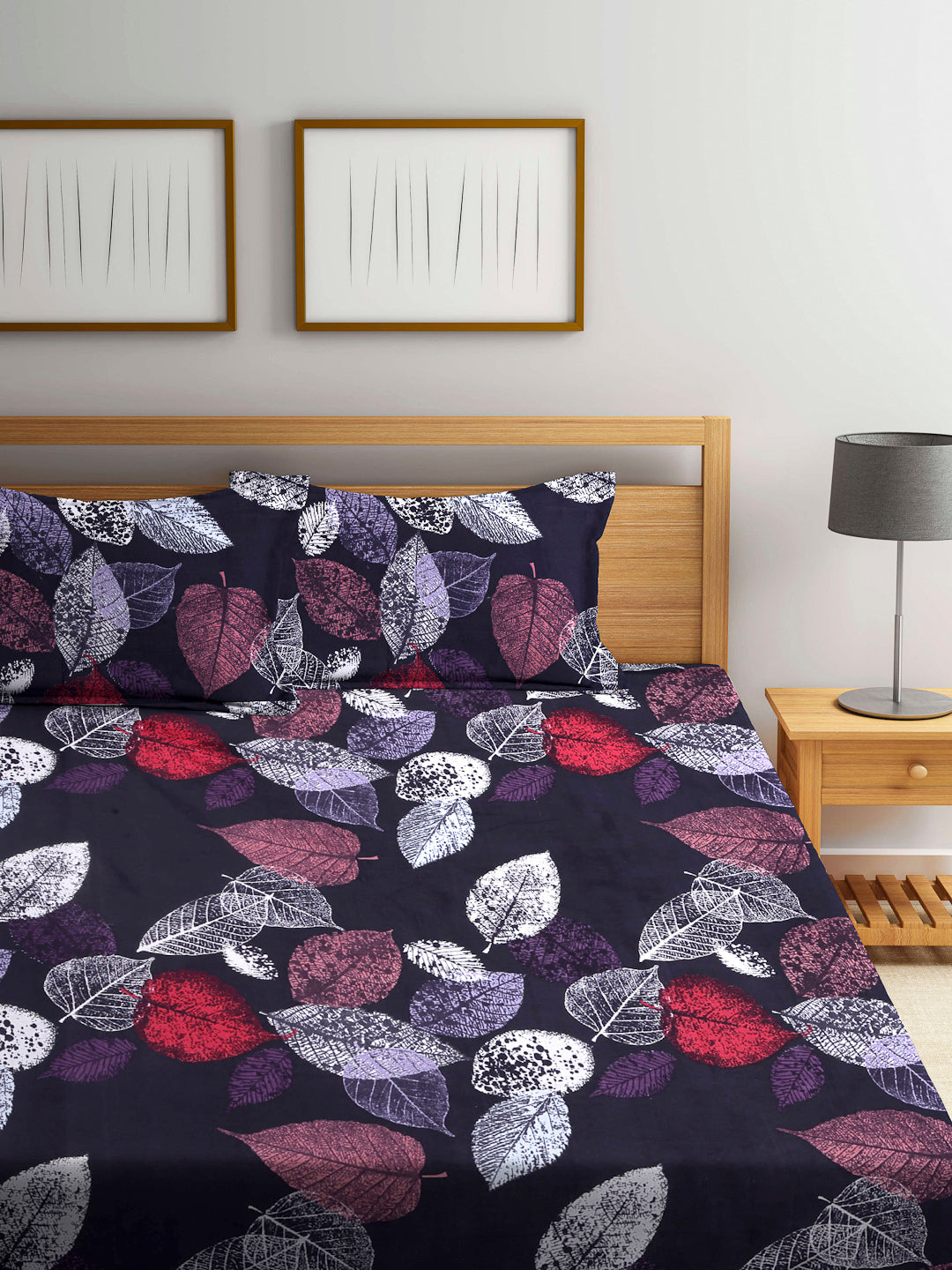 Arrabi Black Leaf TC Cotton Blend Double Size Fitted Bedsheet with 2 Pillow Covers (250 X 220 cm)