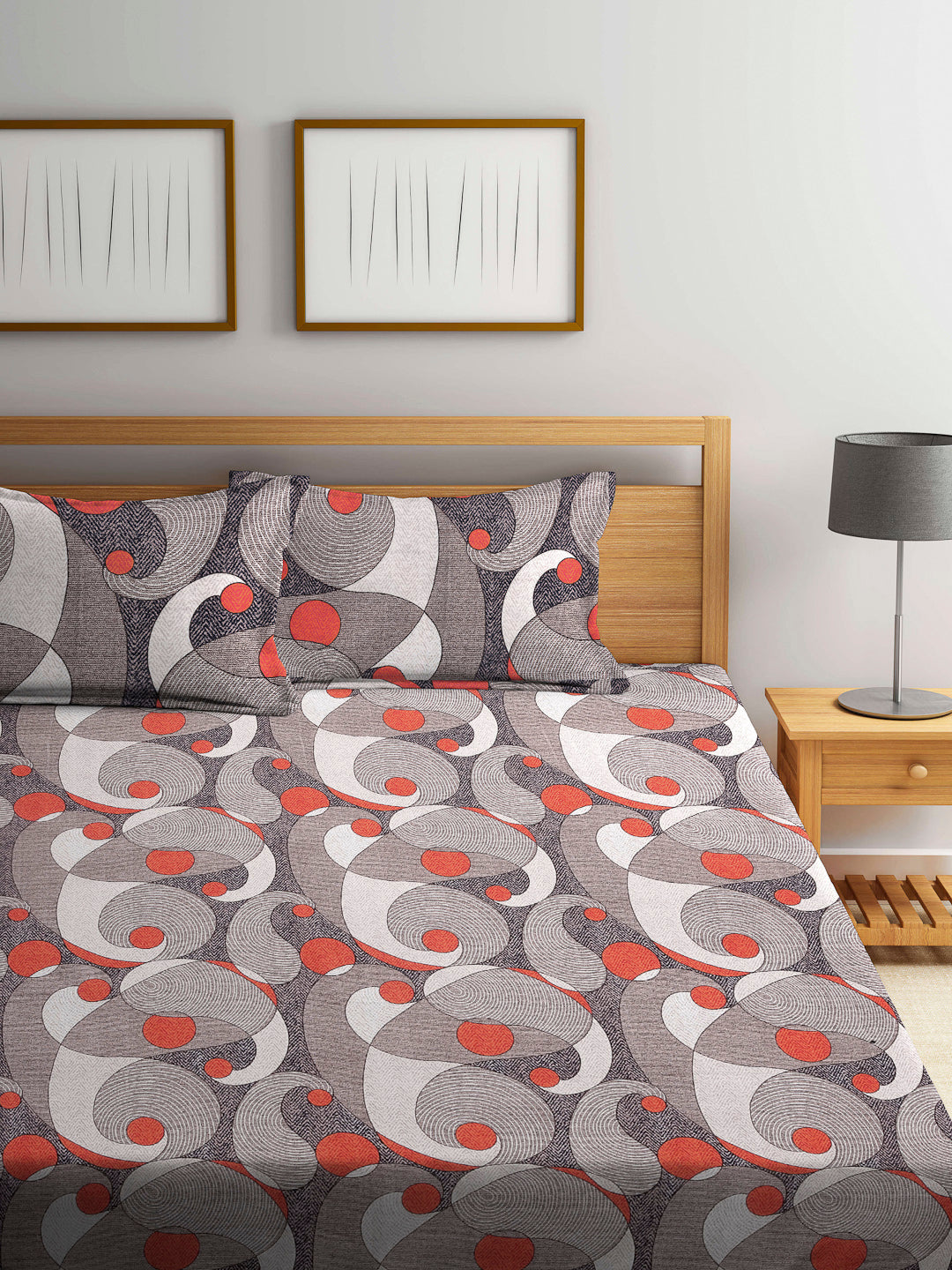 Arrabi Multi Graphic TC Cotton Blend Super King Size Fitted Bedsheet with 2 Pillow Covers(270 X 260 Cm )
