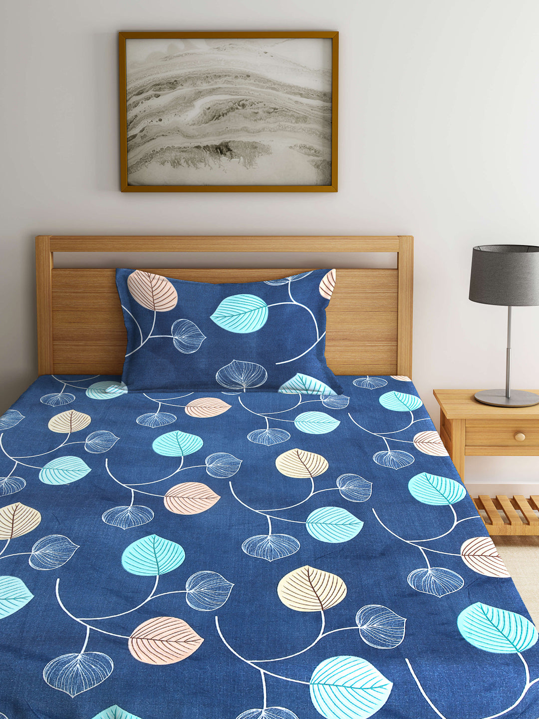 Arrabi Blue Leaf TC Cotton Blend Single Size Fitted Bedsheet with 1 Pillow Cover (220 X 150 cm)