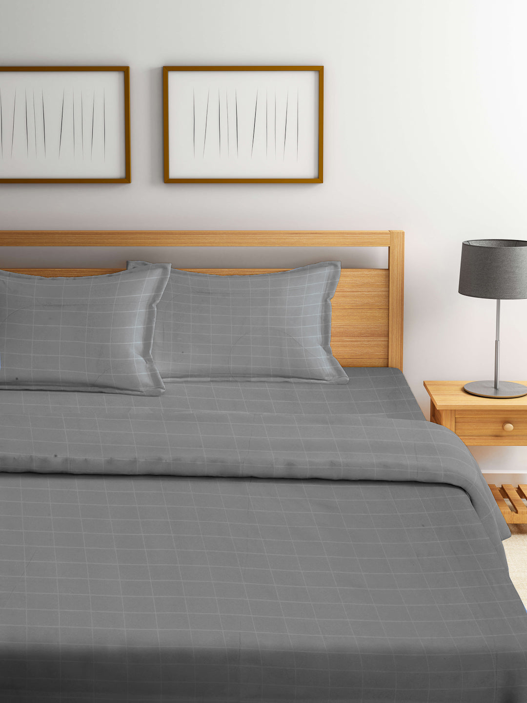 Arrabi Grey Check TC Cotton Blend Double Size Comforter Bedding Set with 2 Pillow Cover