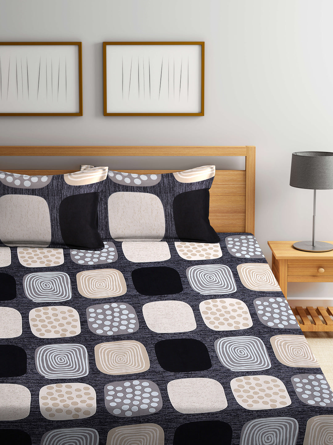 Arrabi Black Abstract TC Cotton Blend King Size Bedsheet with 2 Pillow Covers (250 X 220 cm)
