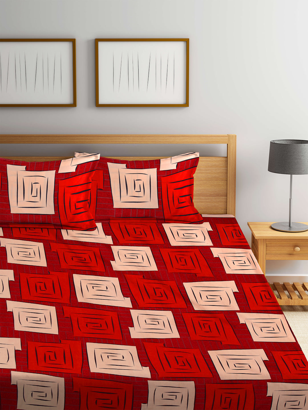 Arrabi Red Geometric TC Cotton Blend King Size Fitted Bedsheet with 2 Pillow Covers (250 X 215 Cm )