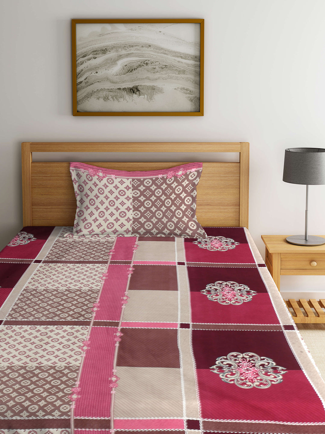 Arrabi Multi Indian TC Cotton Blend Single Size Fitted Bedsheet with 1 Pillow Cover (220 X 150 cm)