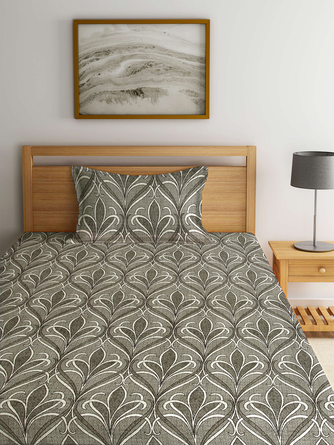 Arrabi Grey Floral TC Cotton Blend Single Size Fitted Bedsheet with 1 Pillow Cover (220 X 150 cm)