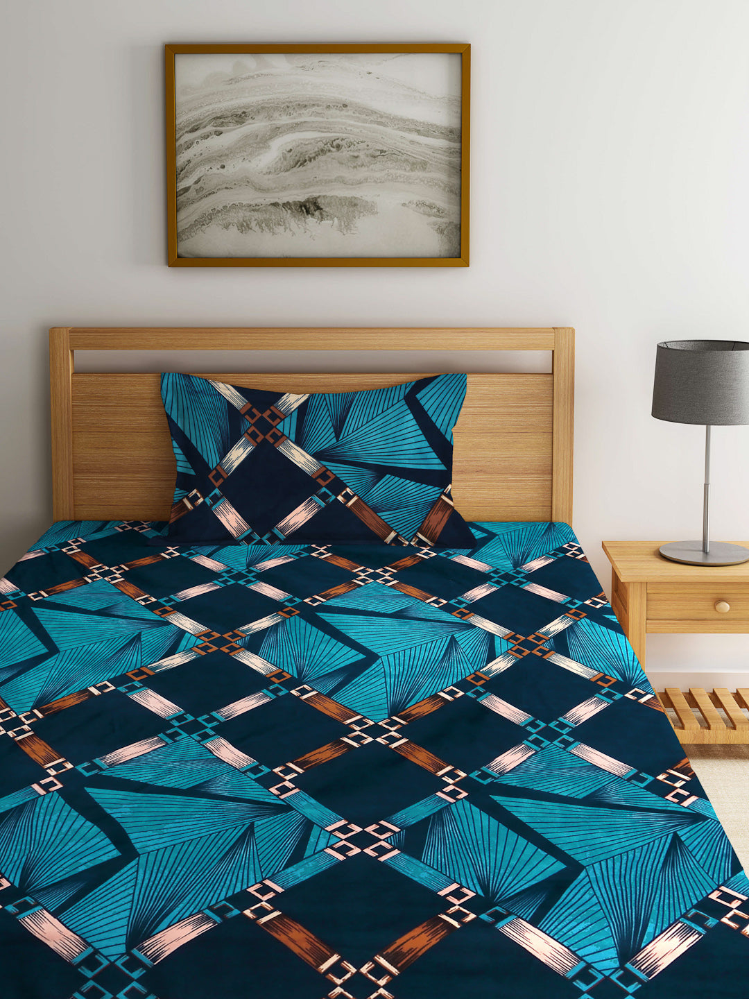 Arrabi Blue Graphic TC Cotton Blend Single Size Fitted Bedsheet with 1 Pillow Cover (220 X 150 cm)