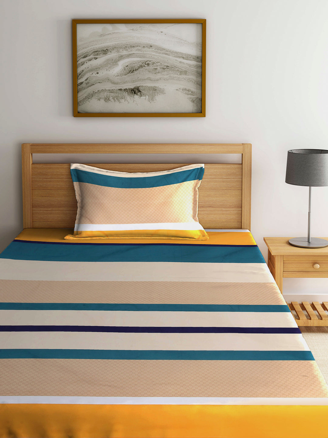 Arrabi Multi Stripes TC Cotton Blend Single Size Fitted Bedsheet with 1 Pillow Cover (220 X 150 cm)