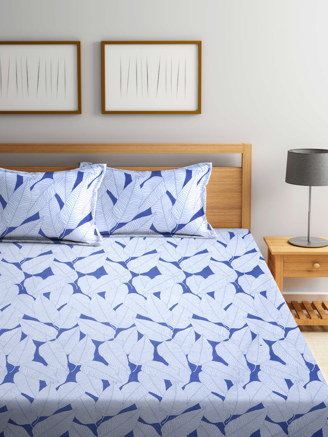 Arrabi Blue Leaf TC Cotton Blend King Size Bedsheet with 2 Pillow Covers (250 X 215 cm)