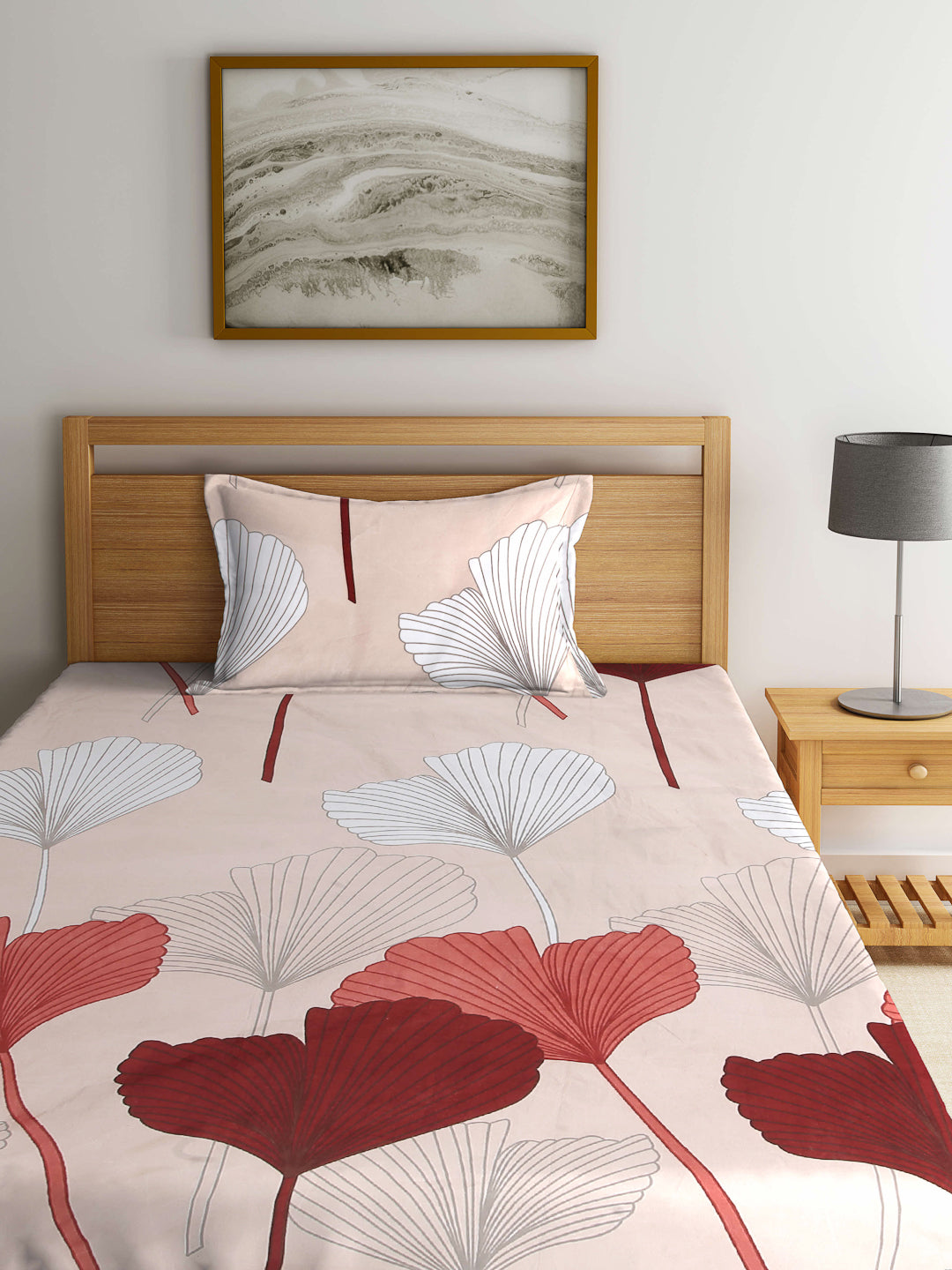 Arrabi Brown Floral TC Cotton Blend Single Size Fitted Bedsheet with 1 Pillow Cover (220 X 150 cm)