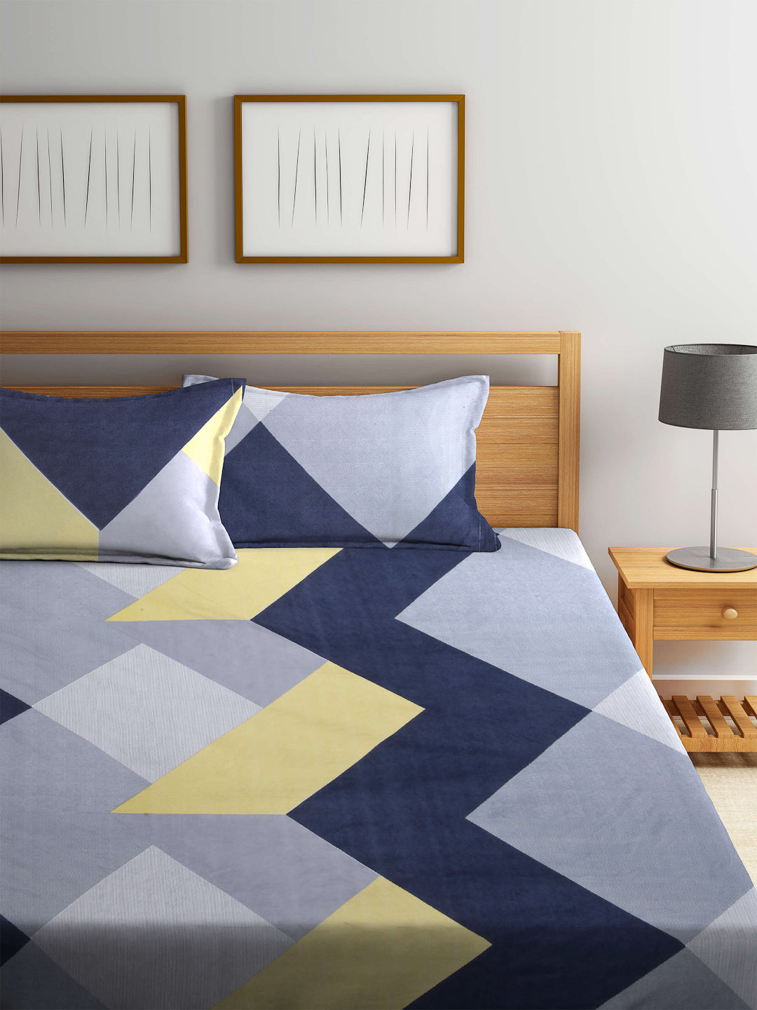 Arrabi Multi Geometric TC Cotton Blend Double Size Bedsheet with 2 Pillow Cover