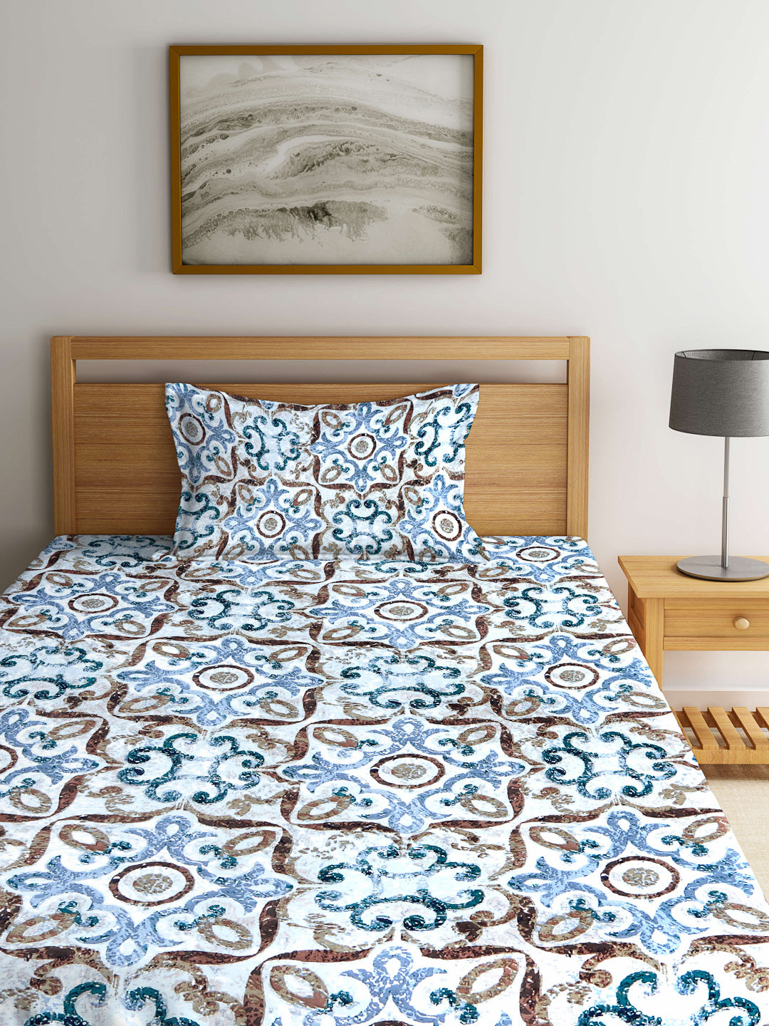 Arrabi Multi Indian TC Cotton Blend Single Size Fitted Bedsheet with 1 Pillow Cover (220 X 150 cm)