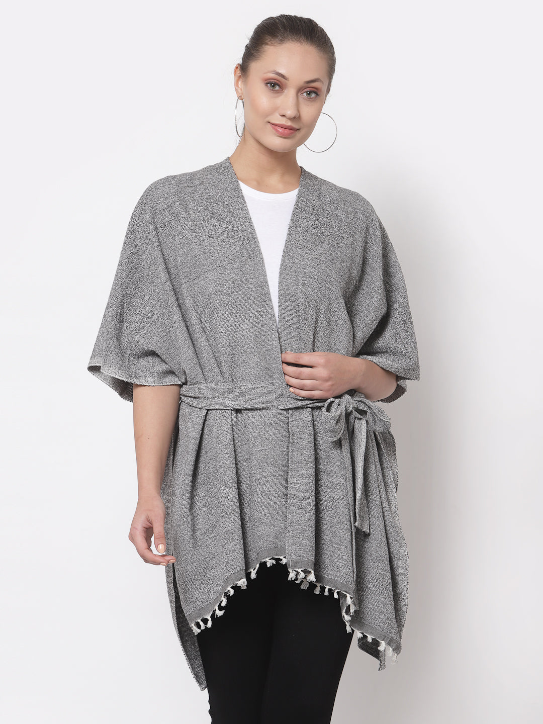 Arrabi Grey Solid Cotton Chenille Full Size Shrug with Belt (160 x 100 cm)