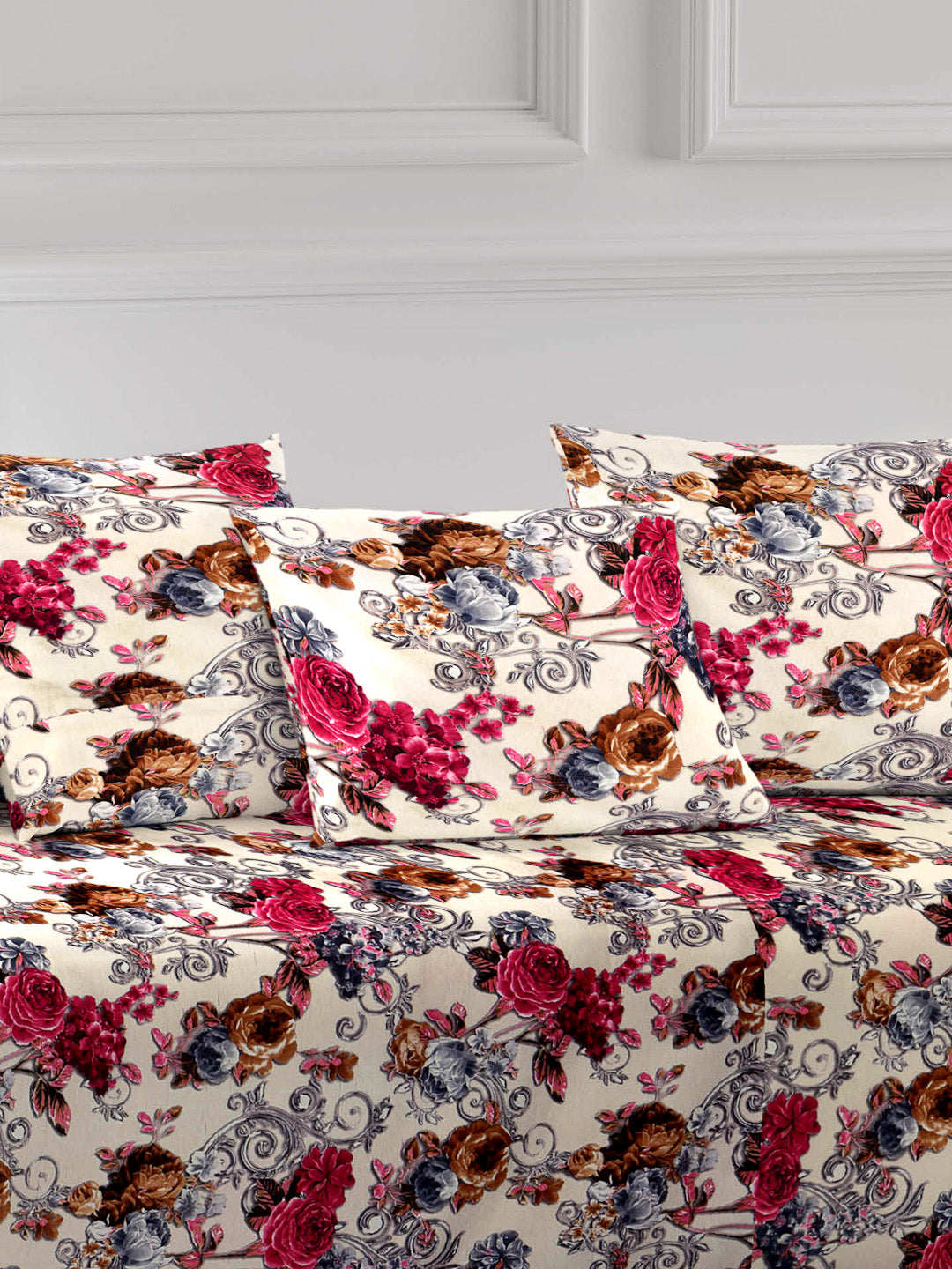 Arrabi Cream Set of 6 Floral Handwoven Chenille Diwan Set (225 x150 cm)