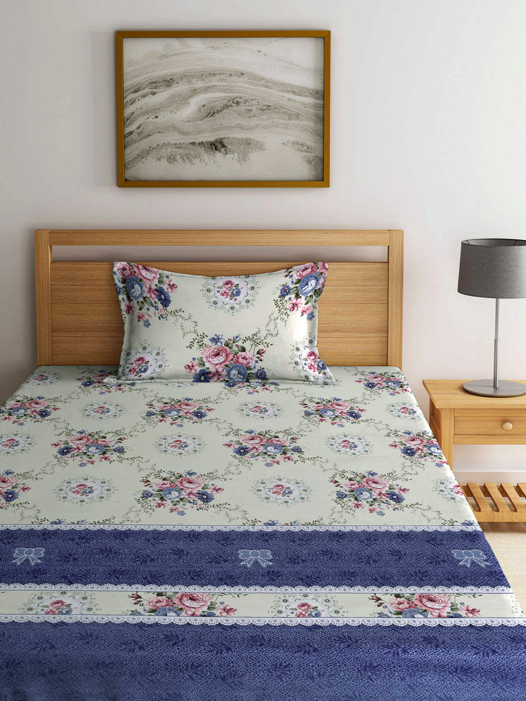 Arrabi Multi Floral TC Cotton Blend Single Size Fitted Bedsheet with 1 Pillow Cover (220 X 150 cm)