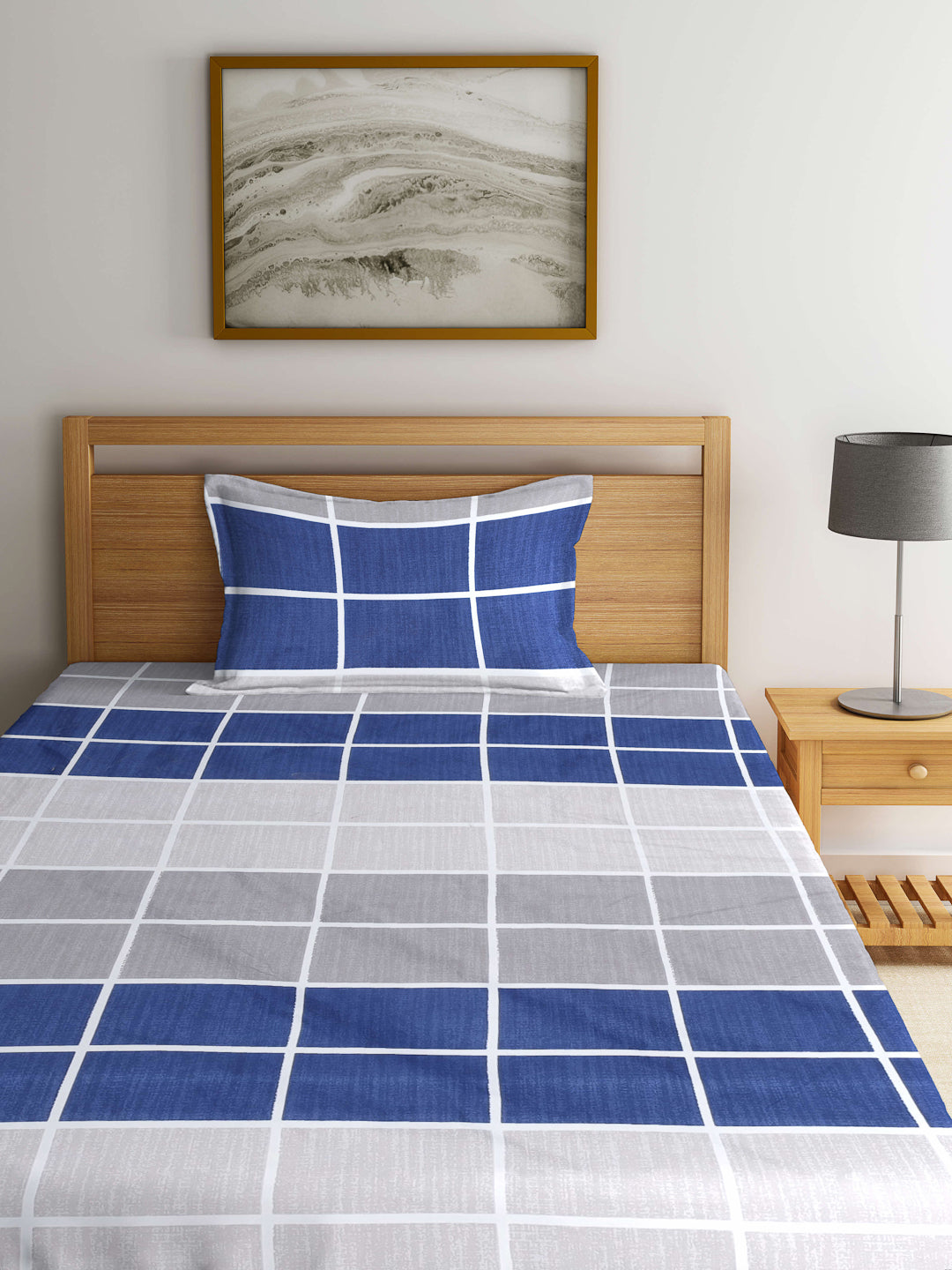 Arrabi Blue Checks TC Cotton Blend Single Size Fitted Bedsheet with 1 Pillow Cover (220 X 150 cm)