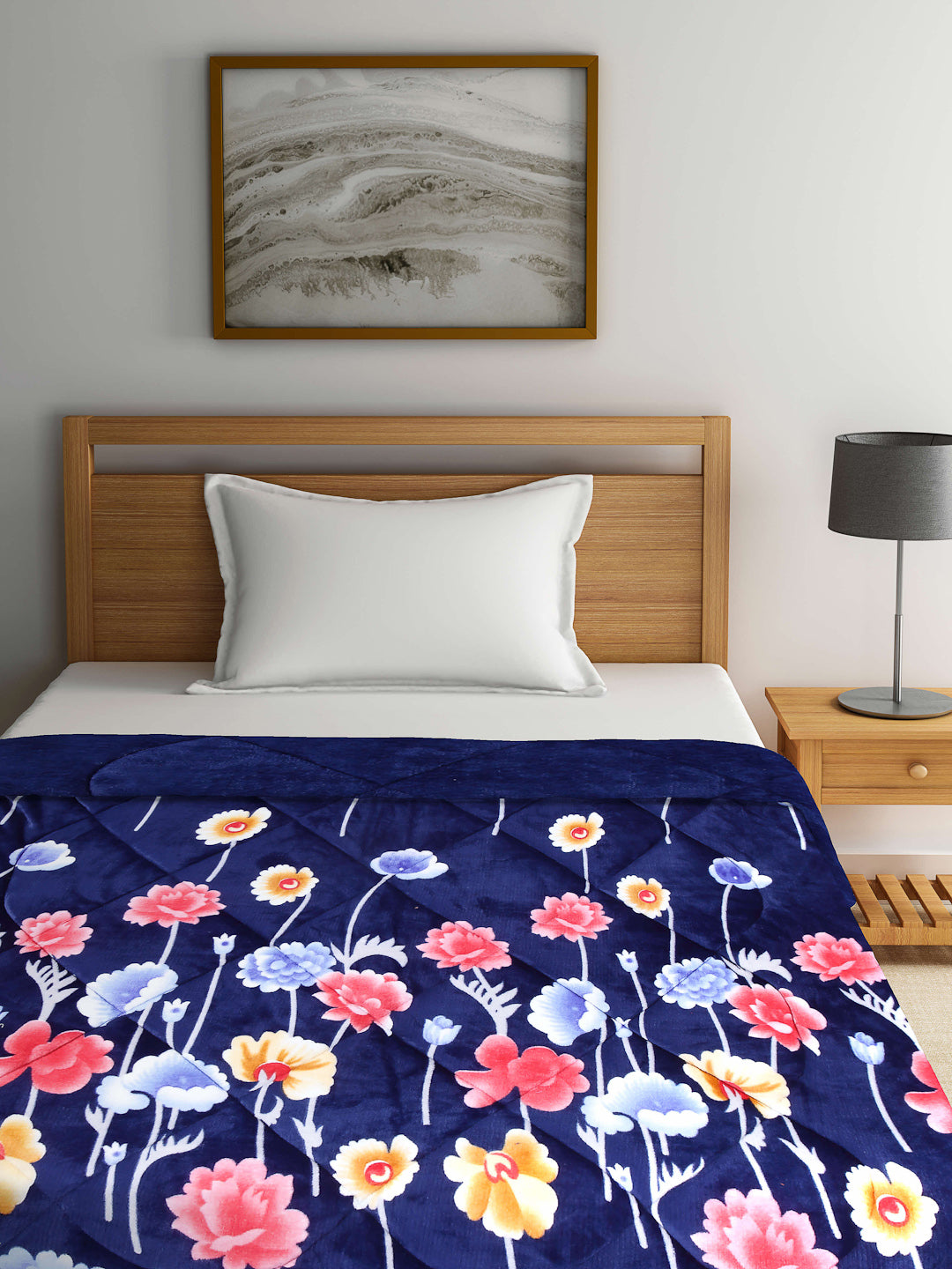 Arrabi Blue Floral Polyester Full Size 1060 GSM Single Bed Quilt (210 x 150 cm)