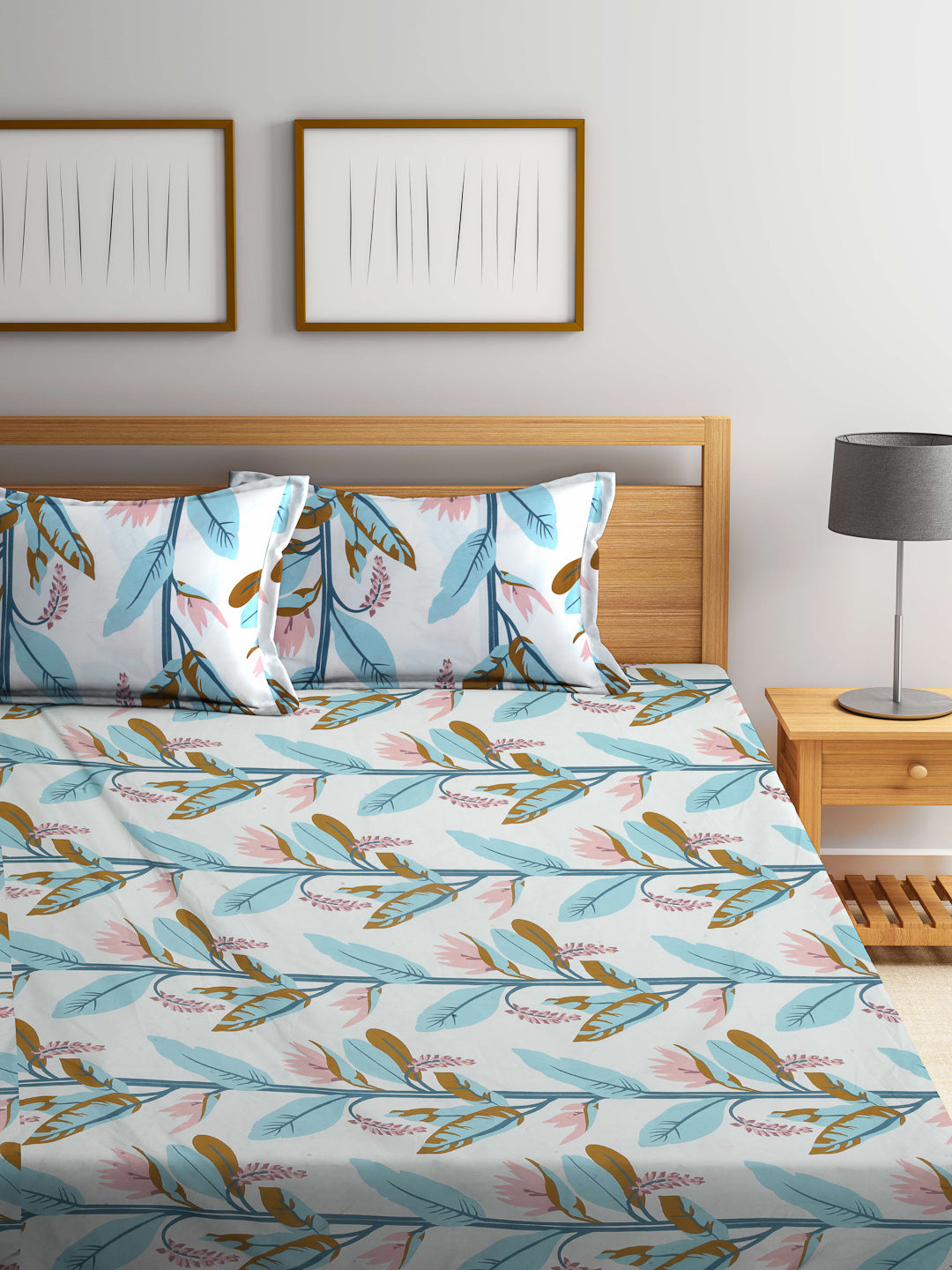 Arrabi Multi Leaf TC Cotton Blend King Size Fitted Bedsheet with 2 Pillow Covers (250 X 215 Cm )