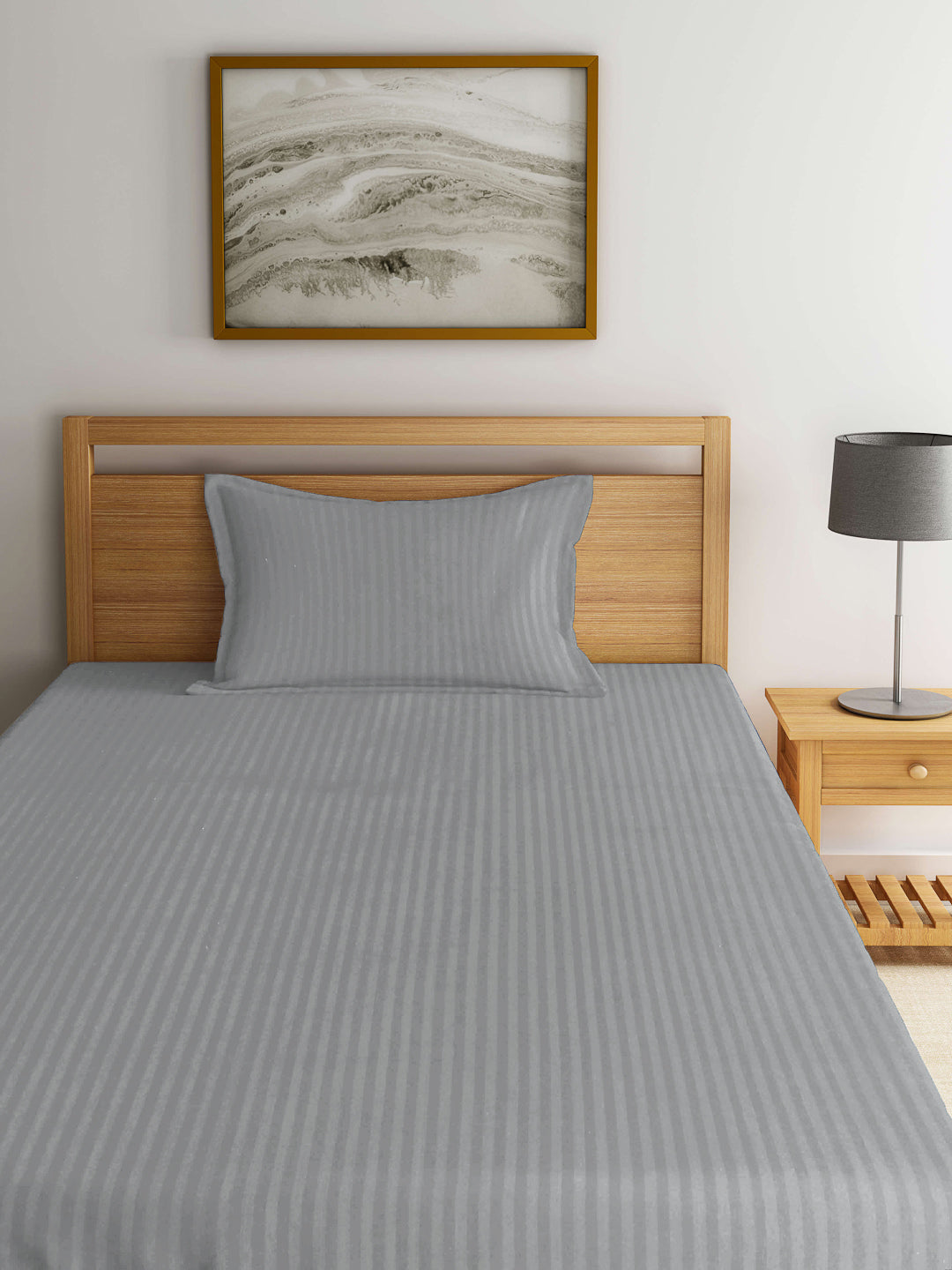 Arrabi Grey Stripes TC Cotton Blend Single Size Fitted Bedsheet with 1 Pillow Cover (220 X 150 cm)