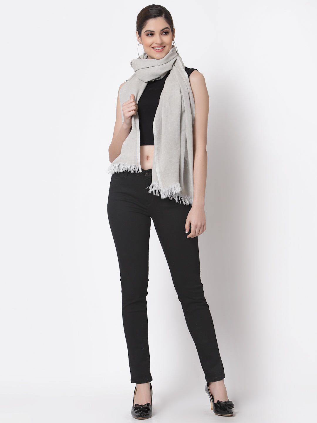 Arrabi Grey Solid Handwoven Cotton Full Size Stole (185 x 85 cm)
