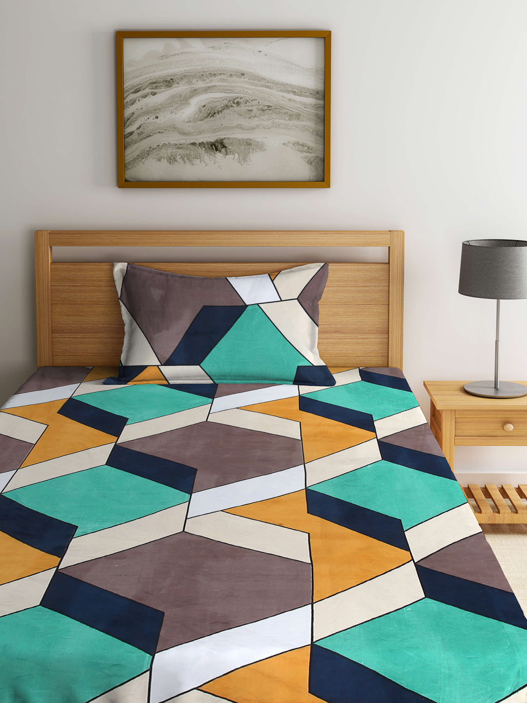 Arrabi Multi Geometric TC Cotton Blend Single Size Fitted Bedsheet with 1 Pillow Cover (220 X 150 cm)