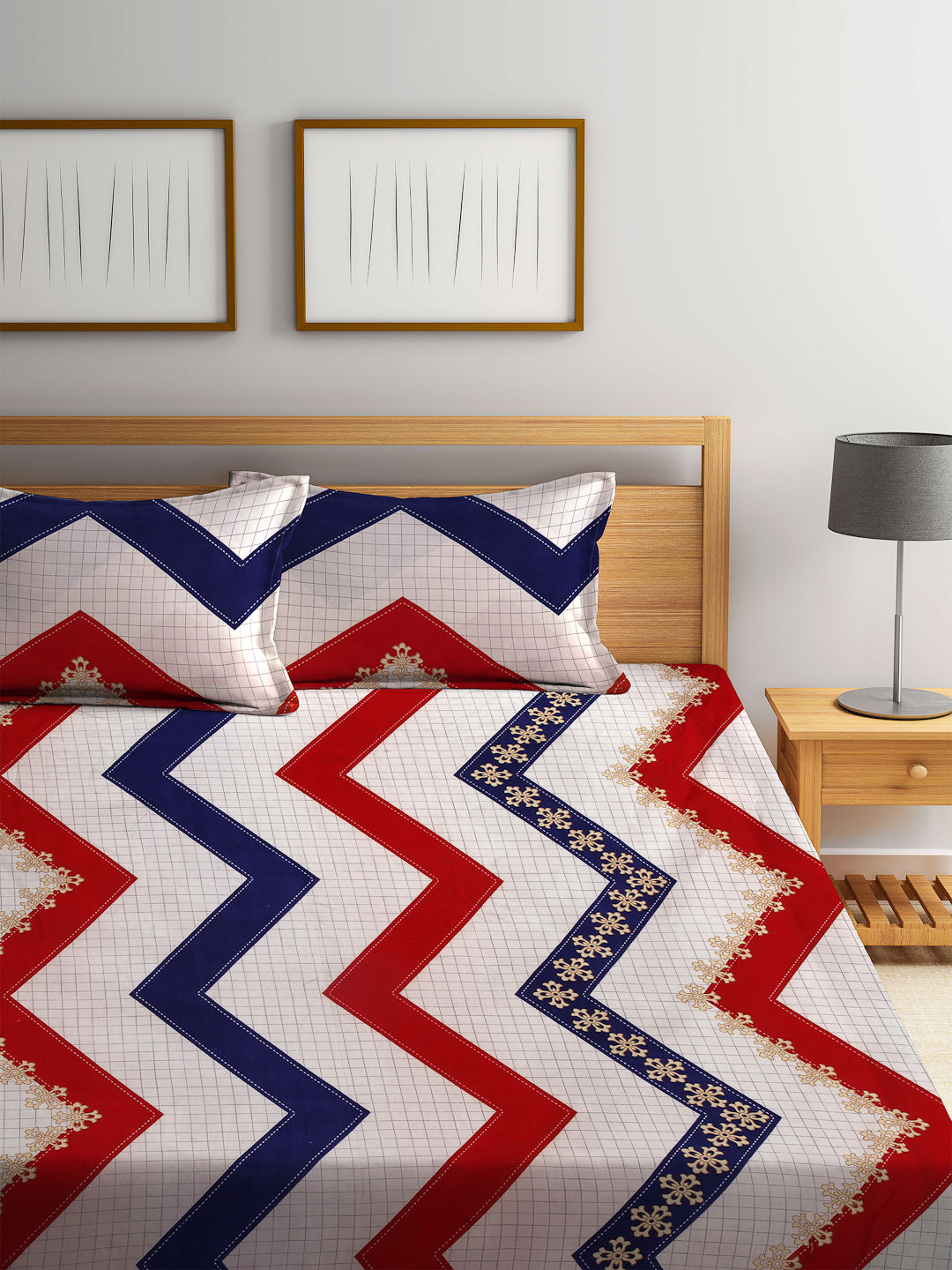 Arrabi Beige Geometric TC Cotton Blend Double Size Fitted Bedsheet with 2 Pillow Cover ( 250 x 225 cm)
