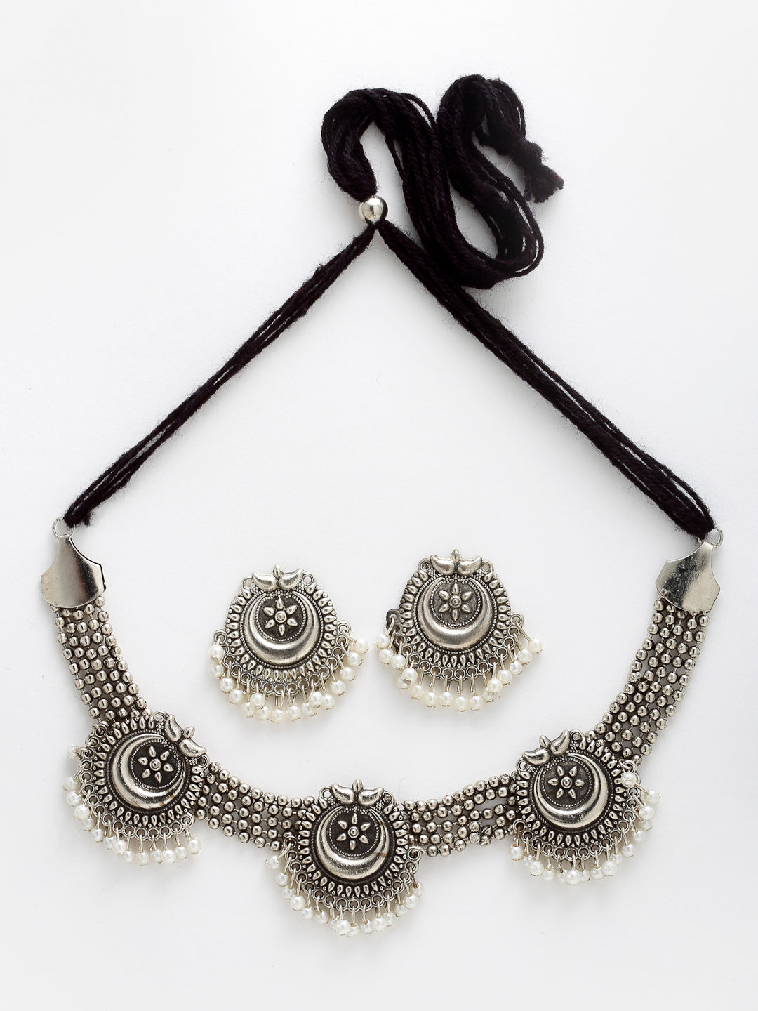Arrabi Metallic Oxidised Jewellery Set with 2 Earrings (40 cm)