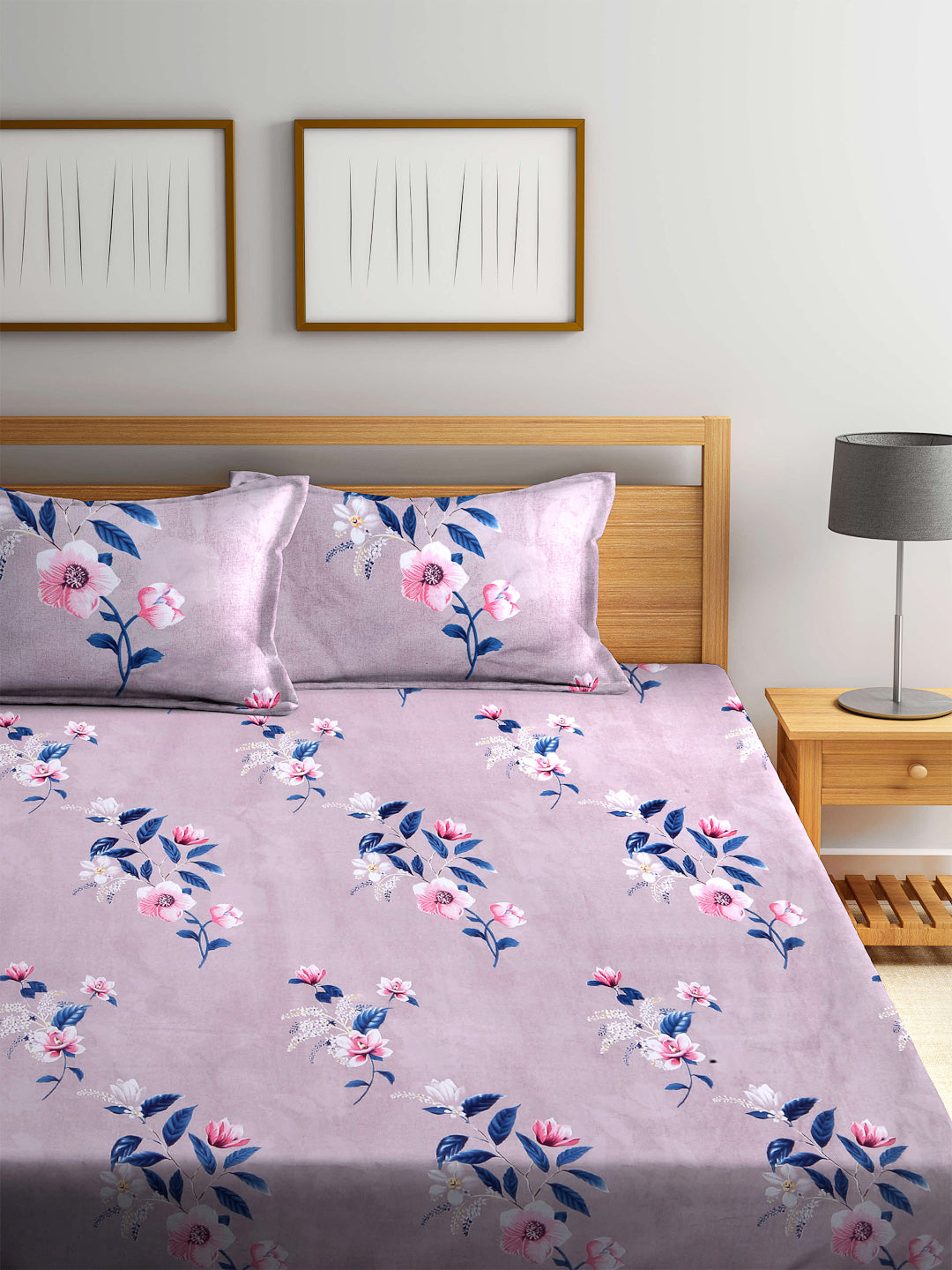 Arrabi Brown Floral TC Cotton Blend King Size Fitted Bedsheet with 2 Pillow Covers(250 X 215 Cm )
