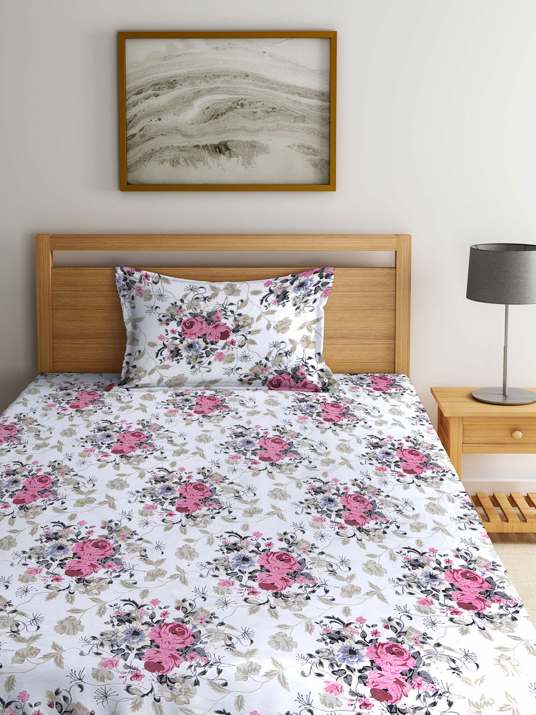 Arrabi White Floral TC Cotton Blend Single Size Fitted Bedsheet with 1 Pillow Cover (220 X 150 cm)