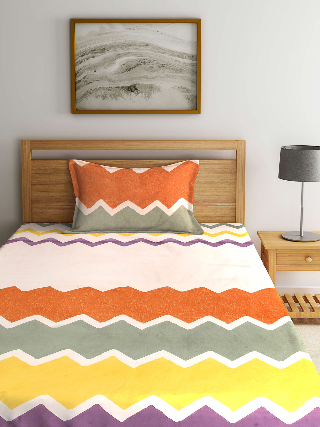 Arrabi Brown Geometric TC Cotton Blend Single Size Fitted Bedsheet with 1 Pillow Cover (220 X 150 cm)