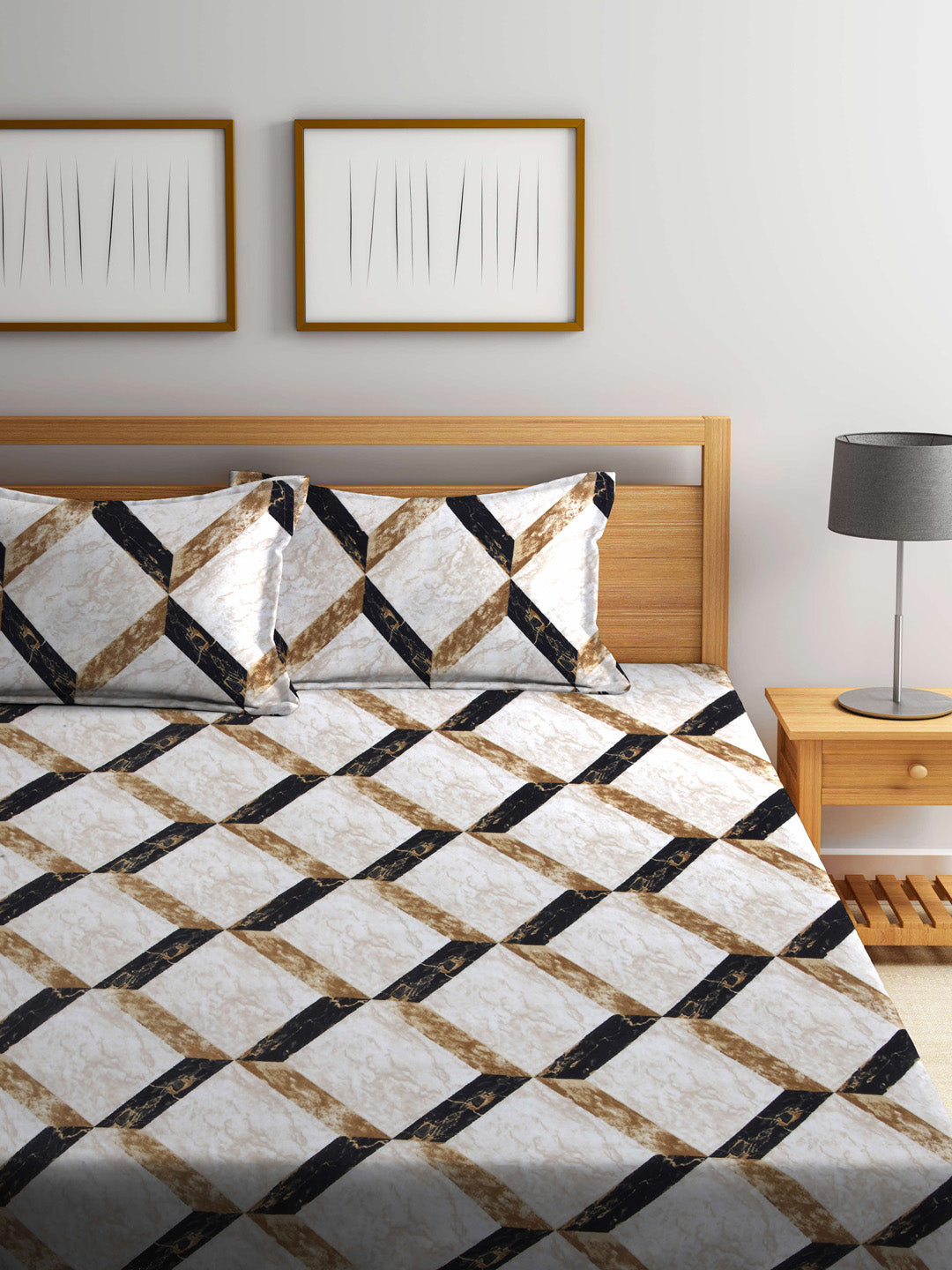 Arrabi Multi Geometric TC Cotton Blend Double Size Fitted Bedsheet with 2 Pillow Covers (250 X 220 cm)
