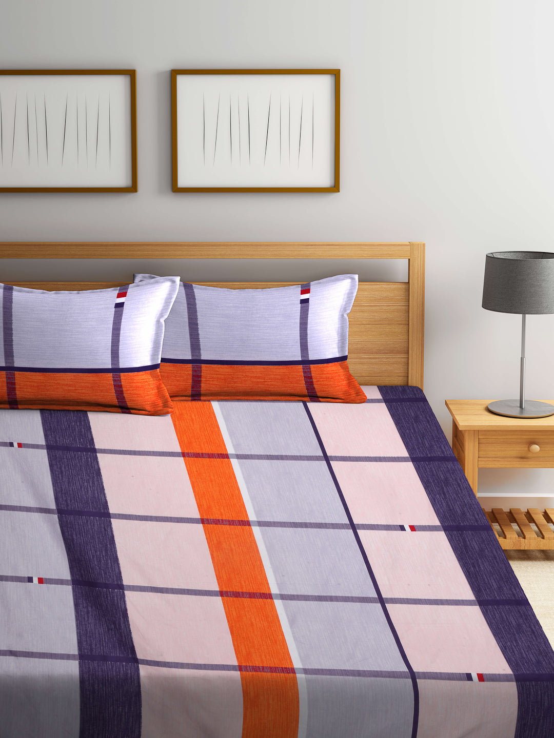 Arrabi Multi Checks TC Cotton Blend King Size Fitted Bedsheet with 2 Pillow Covers (250 X 215 Cm )