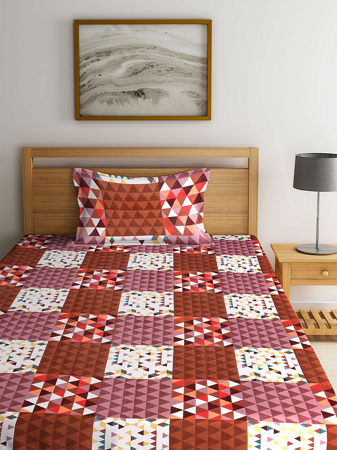 Arrabi Brown Geometric TC Cotton Blend Single Size Fitted Bedsheet with 1 Pillow Cover (220 X 150 cm)