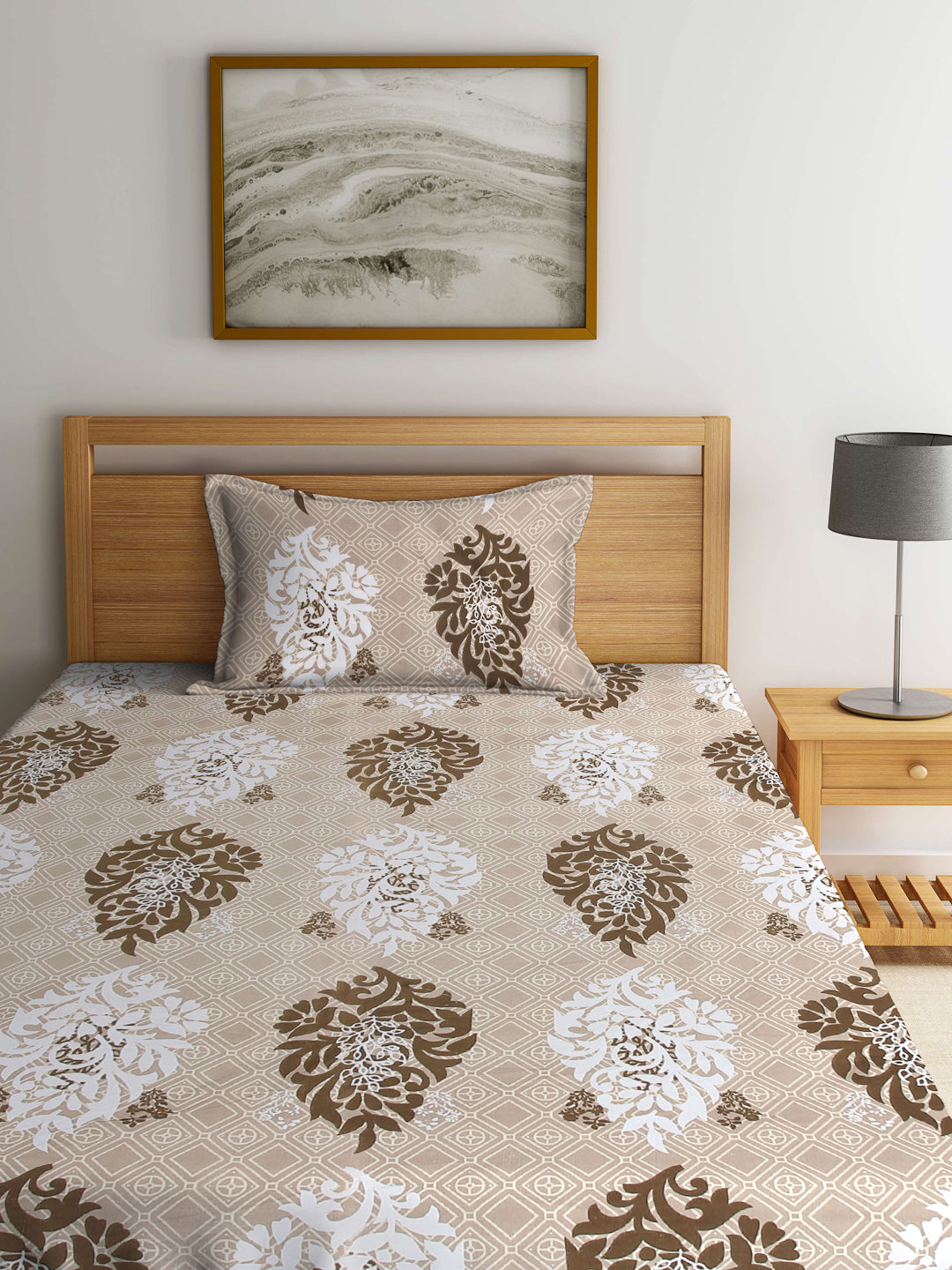 Arrabi Brown Indian TC Cotton Blend Single Size Fitted Bedsheet with 1 Pillow Cover (220 X 150 cm)
