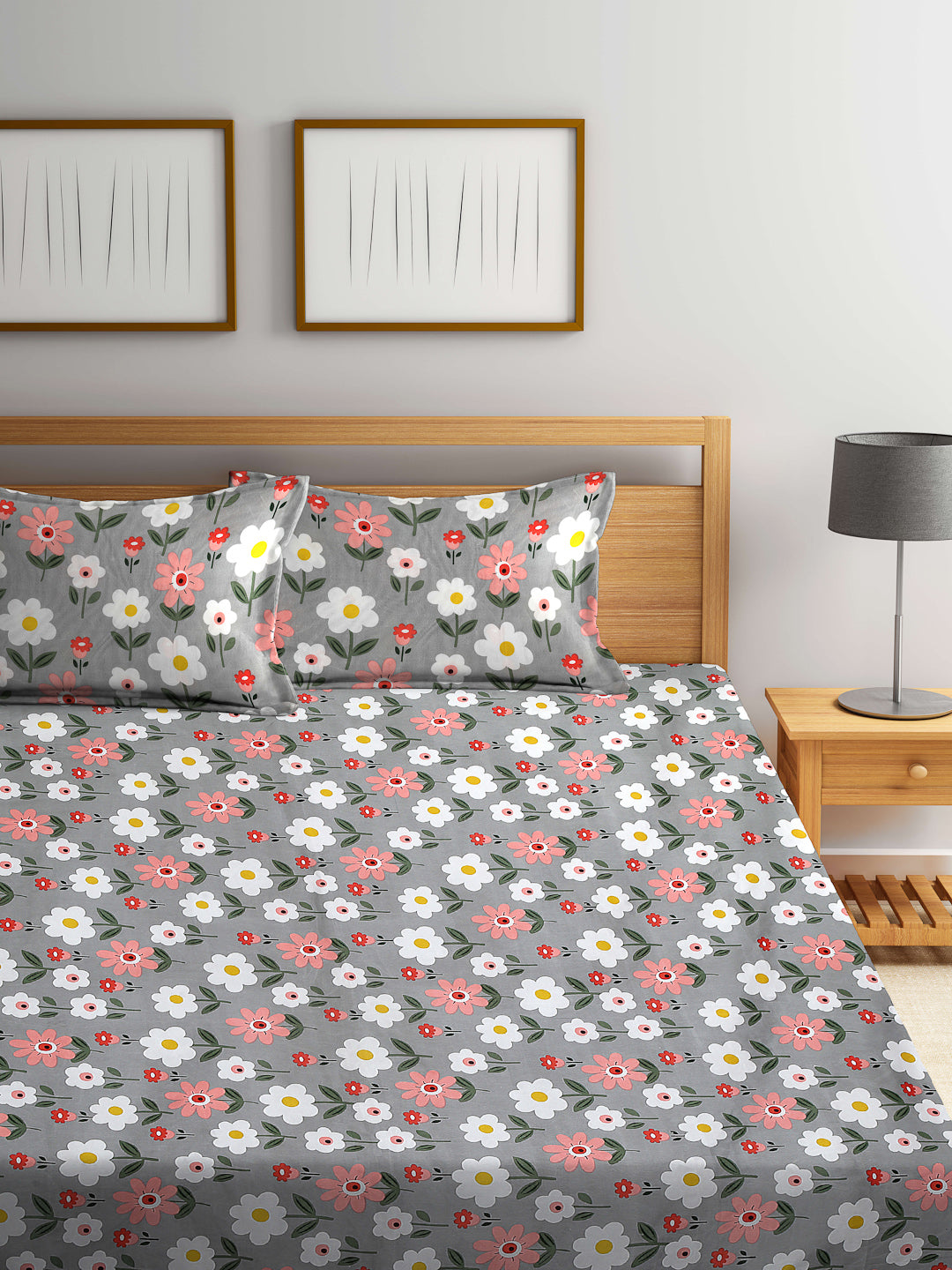 Arrabi Grey Floral TC Cotton Blend King Size Bedsheet with 2 Pillow Covers (250 X 215 cm)