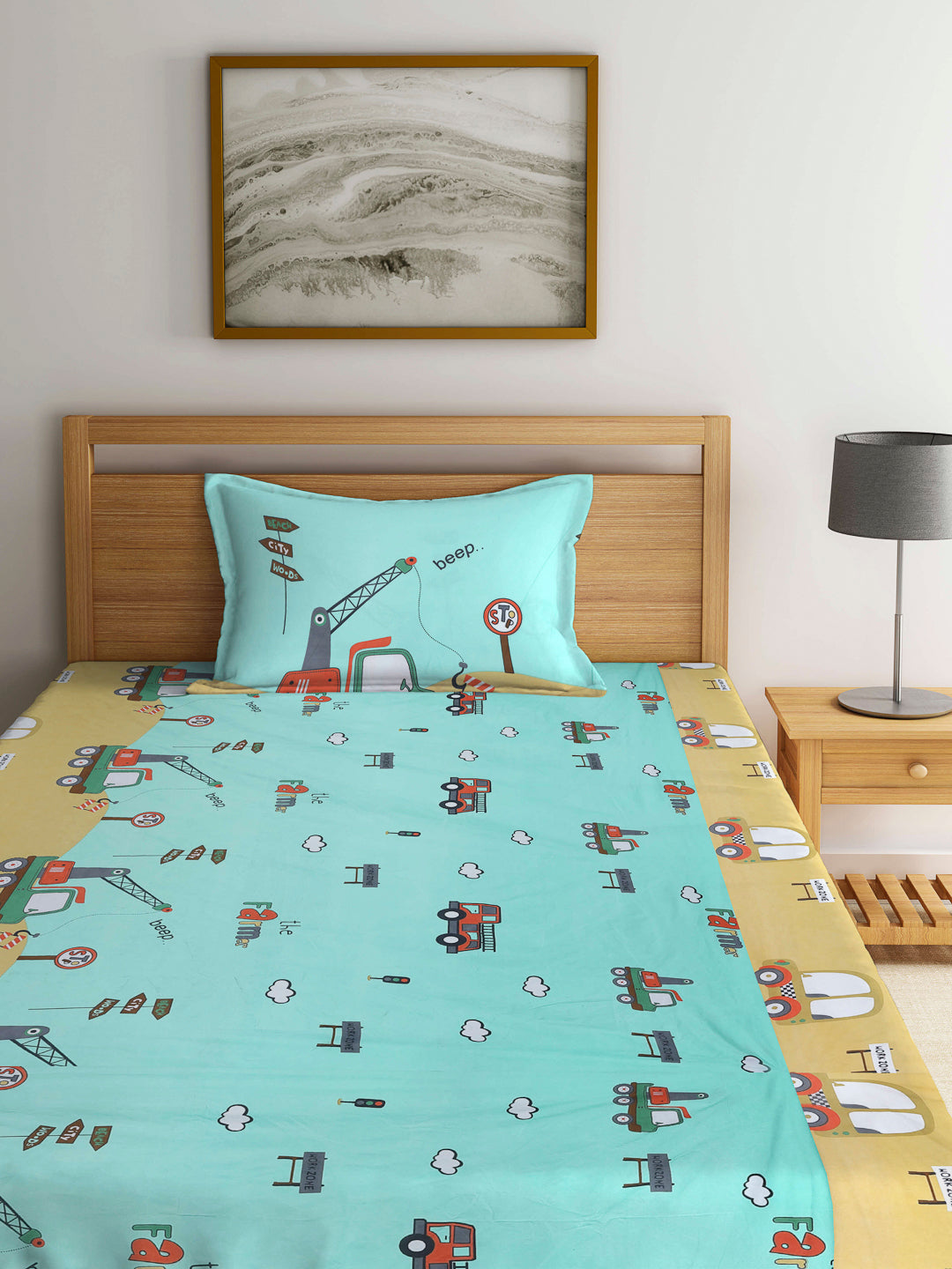 Arrabi Green Cartoon TC Cotton Blend Single Size Bedsheet with 1 Pillow Cover (220 X 150 cm)