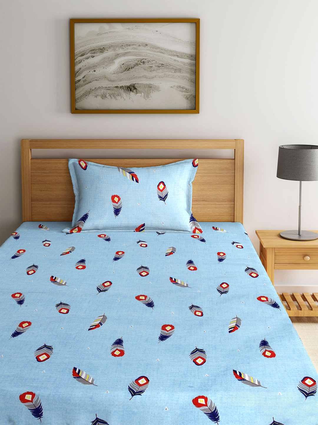 Arrabi Blue Graphic TC Cotton Blend Single Size Fitted Bedsheet with 1 Pillow Cover (220 X 150 cm)
