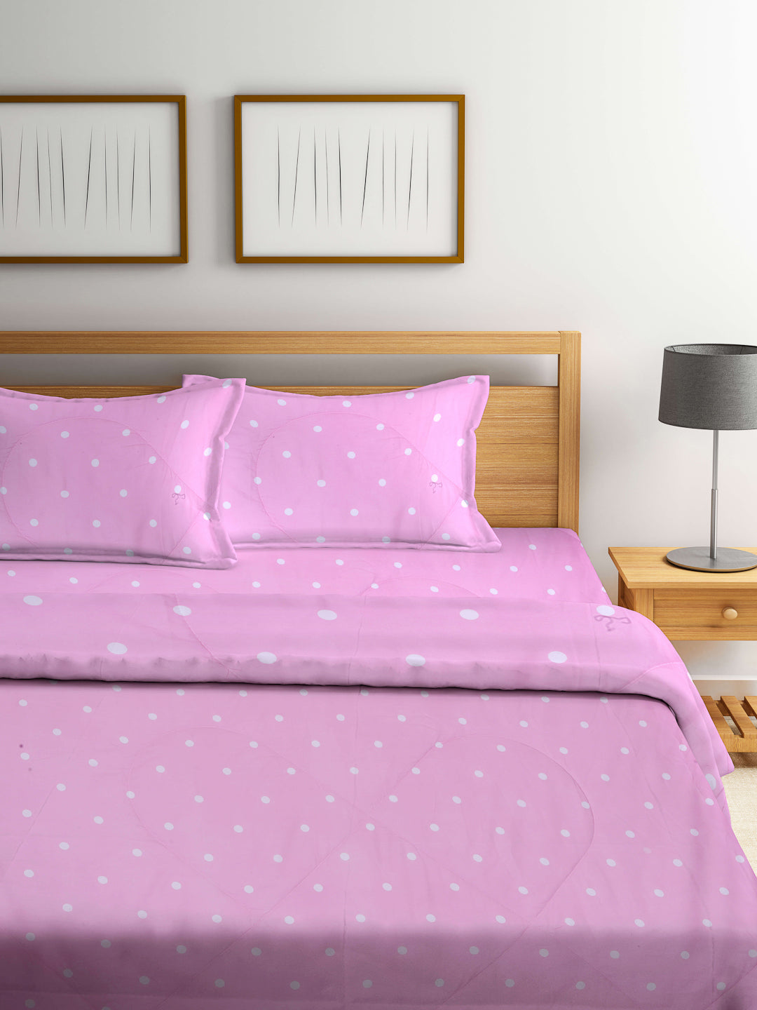 Arrabi Pink Polka dot TC Cotton Blend Double Size Comforter Bedding Set with 2 Pillow Cover