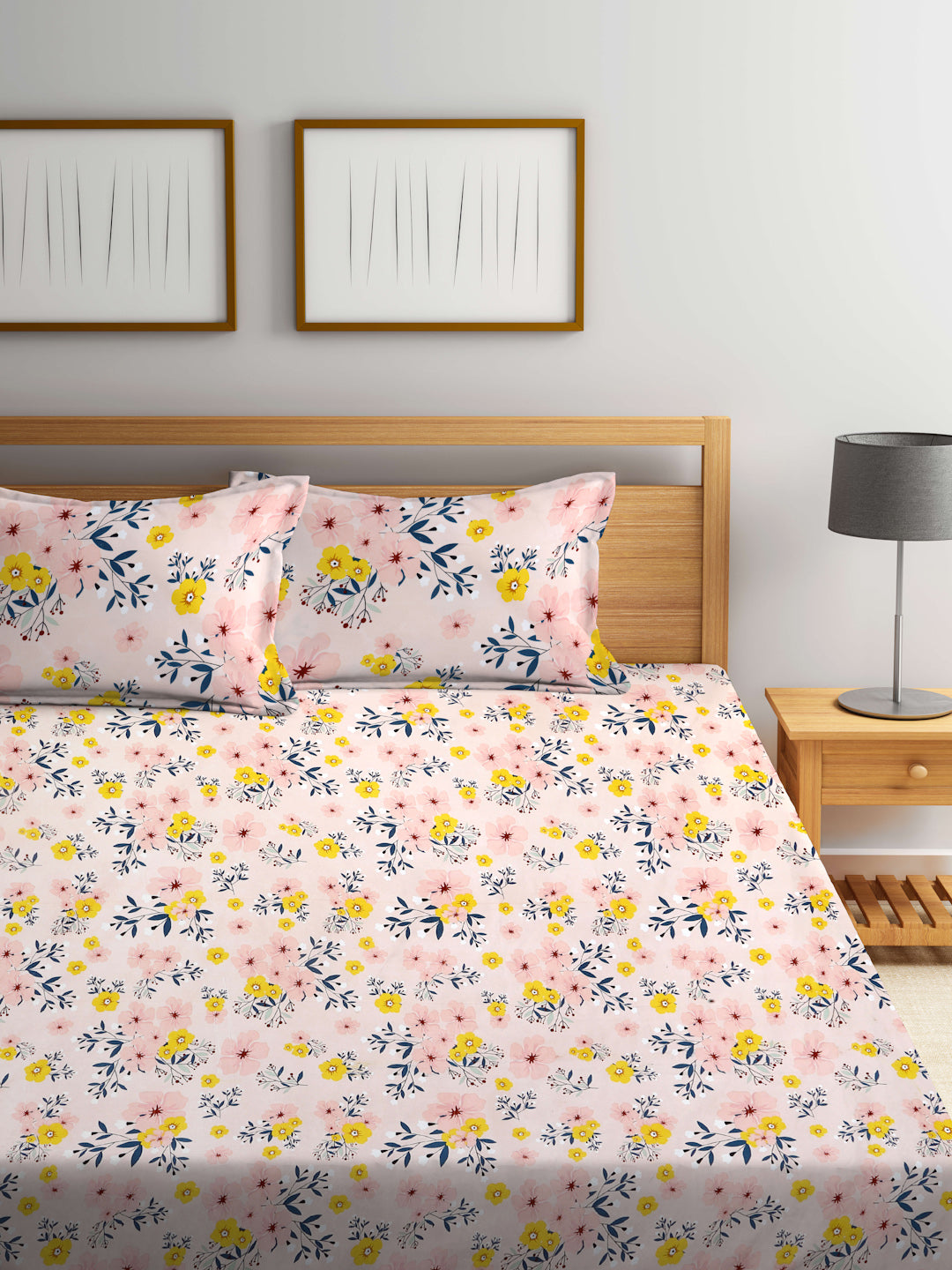 Arrabi Peach Leaf TC Cotton Blend Super King Size Fitted Bedsheet with 2 Pillow Covers(270 X 260 Cm )