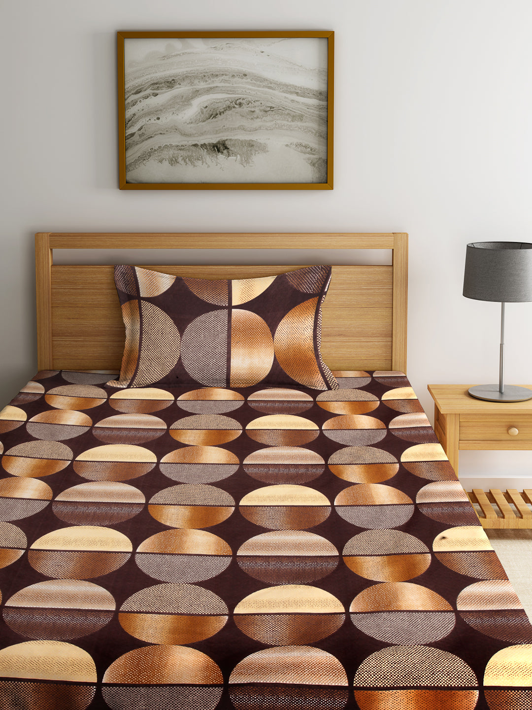 Arrabi Brown Geometric TC Cotton Blend Single Size Fitted Bedsheet with 1 Pillow Cover (220 X 150 cm)