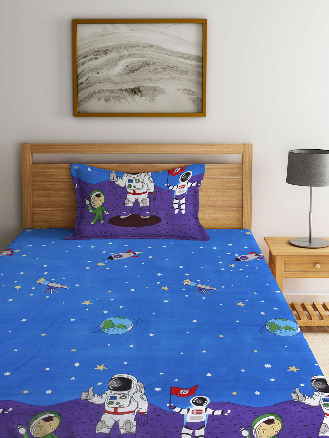 Arrabi Blue Graphic TC Cotton Blend Single Size Fitted Bedsheet with 1 Pillow Cover (220 X 150 cm)