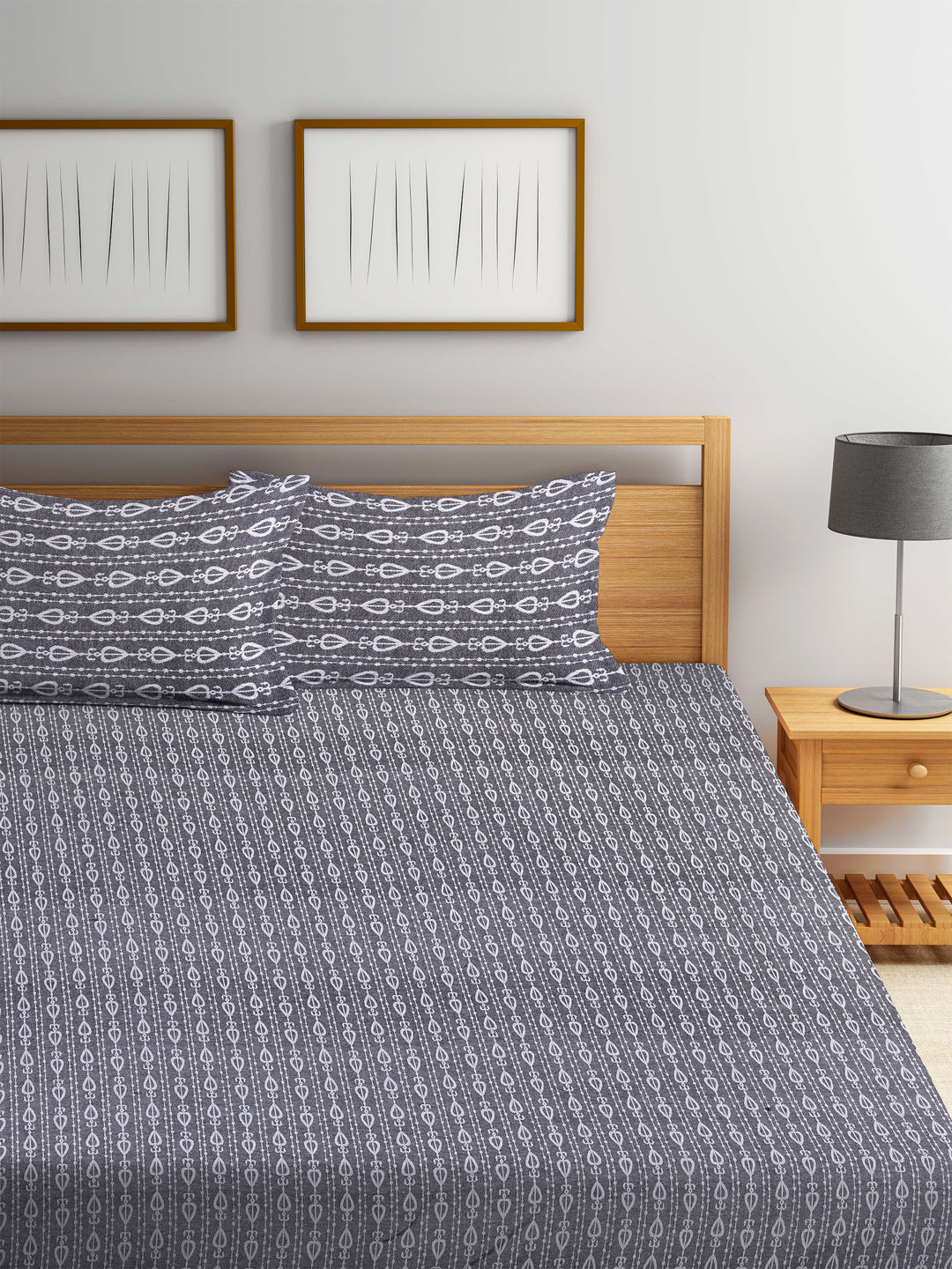 Arrabi Grey Ethnic Handwoven Cotton Double King Size Bedsheet with 2 Pillow Covers (270 x 270 cm)