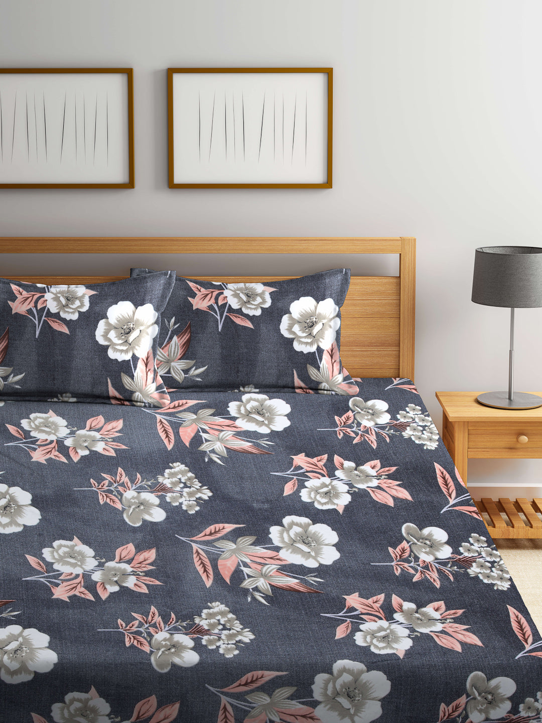 Arrabi Grey Floral TC Cotton Blend Double Size Bedsheet with 2 Pillow Covers (250 x 215 cm)