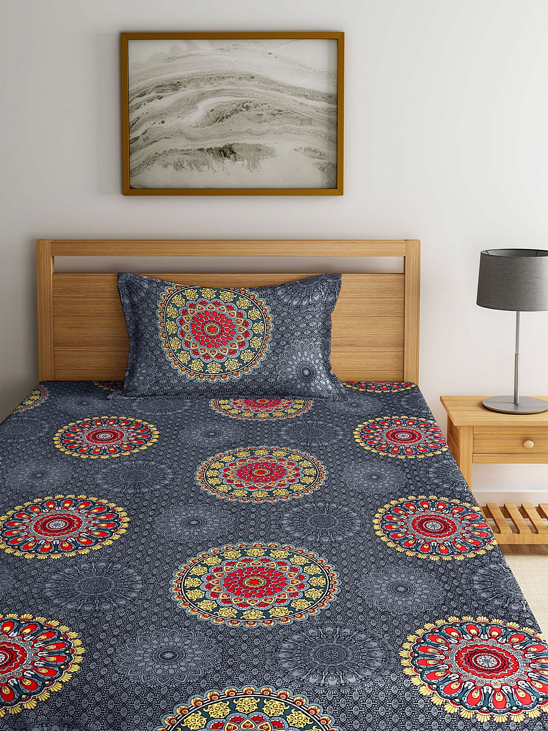 Arrabi Grey Indian TC Cotton Blend Single Size Fitted Bedsheet with 1 Pillow Cover (220 X 150 cm)